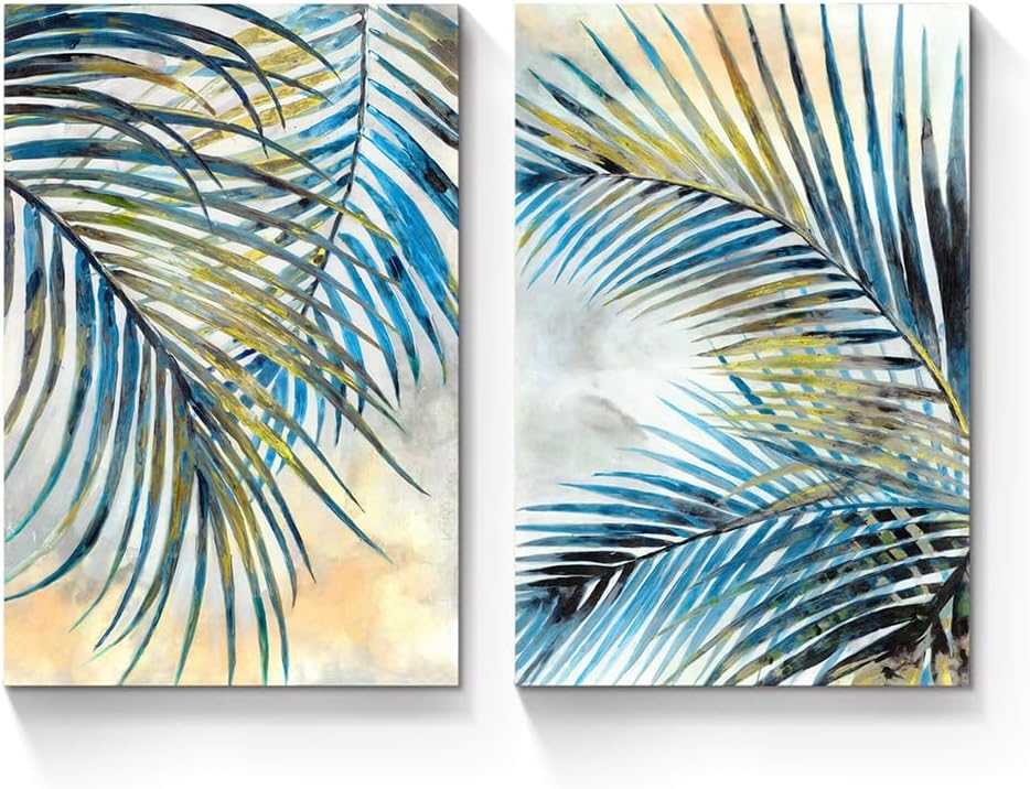 SunFlax Palm Tree Canvas Wall Art: Tropical Leaves Picture Nature Modern Botanical Artwork Abstract Plant Print Teal Watercolor Painting for Living Room Bathroom Bedroom