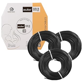 KLICK Copper Wire with Triple Layer PVC Coating & Unilay Bunching, Single Core Unsheathed Flexible Electric Cable for Domestic & Industrial Connections Gold Series (1.0 mm, 90m Long, Black, 3 Pcs)