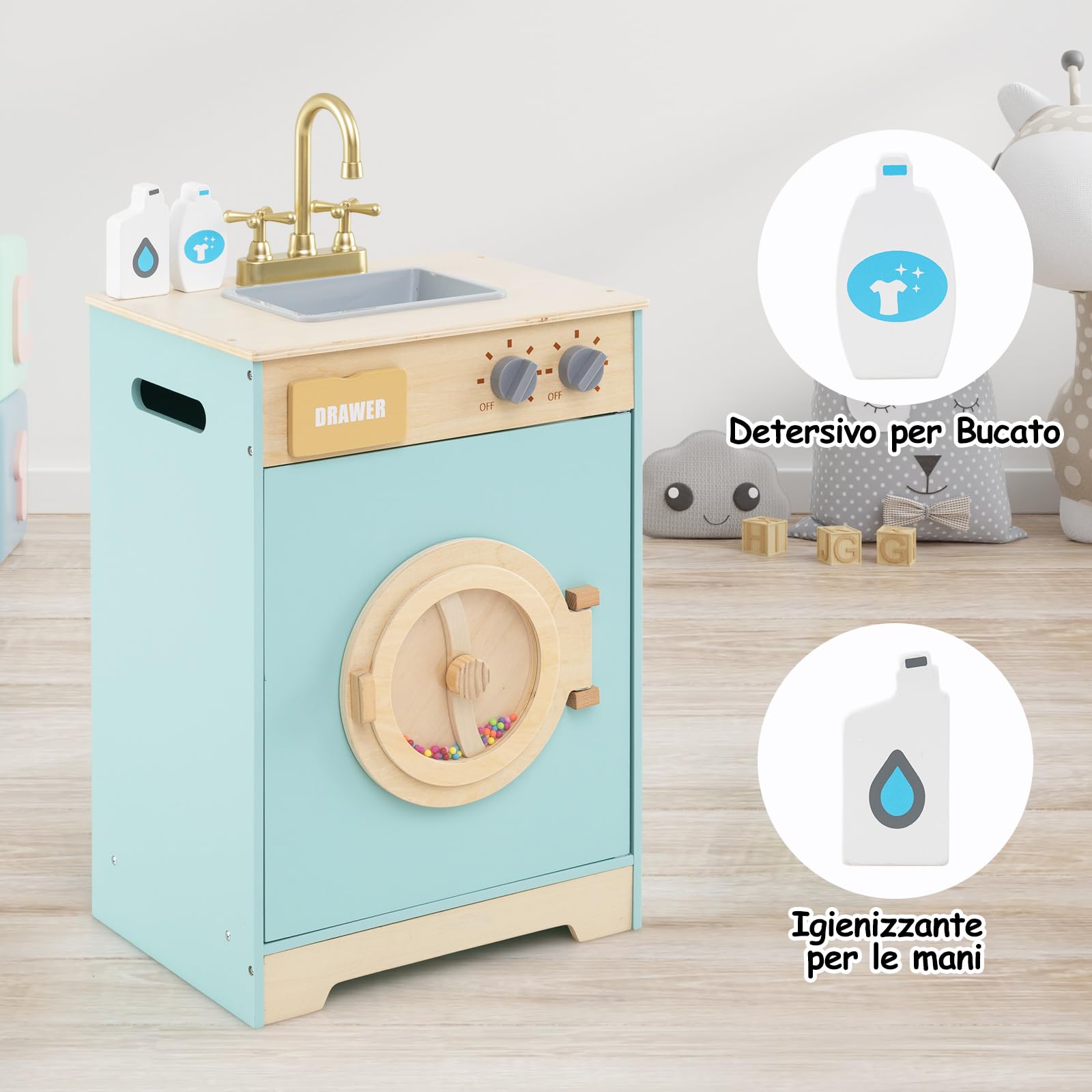 COSTWAY Set di Gioco Lavatrice per Bambini, Giocattolo Lavatrice con Detersivo e Igienizzante per le Mani, Set in Legno con Lavabo, Cassetto e Ruota Rotante, Regalo per Bambini dai 3+ Anni