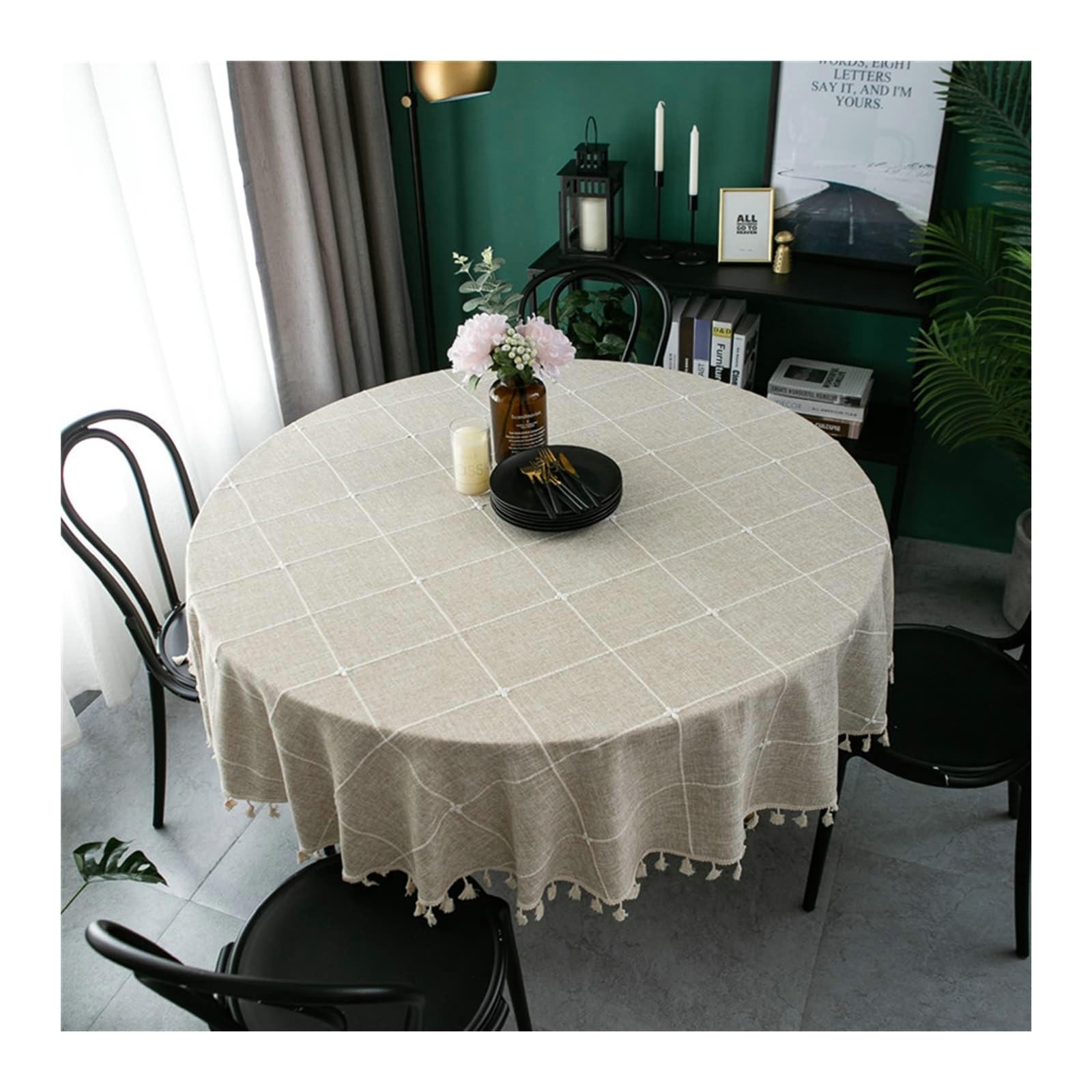 Gualiy Mantel Redondo Restaurante, Poliéster Algodón Manteles de Mesa Round 180CM Mantel de Cocina Antimanchas Jacquard de Cuadros con Borlas Mantel para Mesa de Cocina, Café Claro