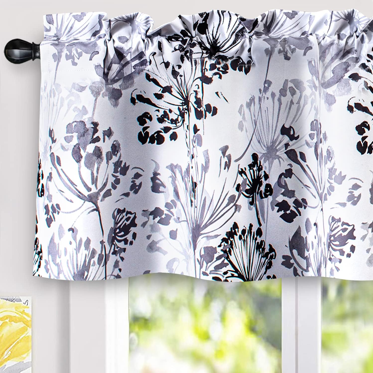 DriftAway Acacia Floral Blossom Watercolor Printed 100 Percent Blackout Thermal Insulated Window Curtain Valance Rod Pocket Single 52 Inch by 24 Inch Plus 2 Inch Header Gray Grey 52"W x 24"L (Pack of 1)