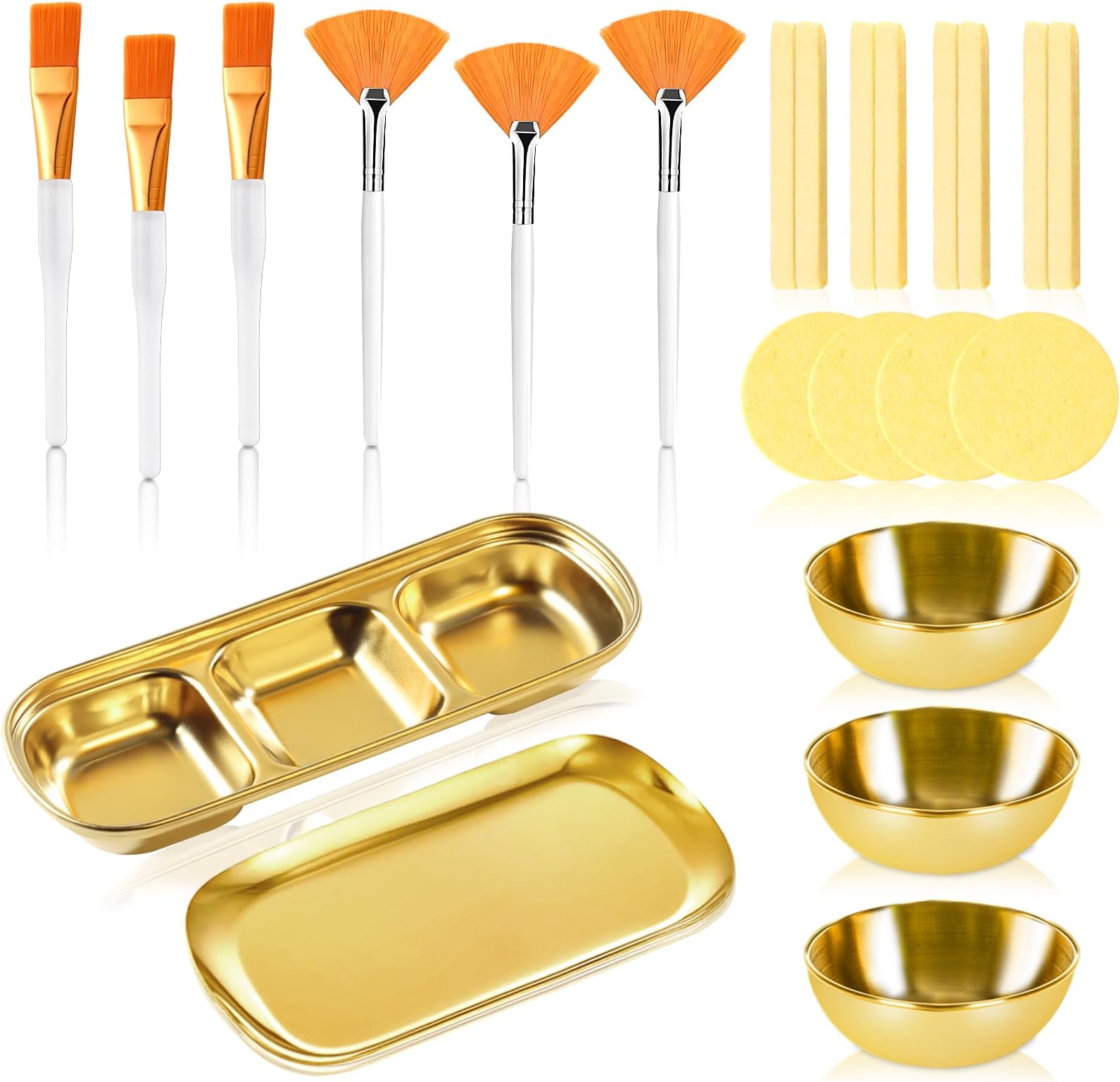 23 Pcs Esthetician Supplies 3 Stainless Steel Gold Mixing Bowls 12 Facial Sponge Compressed Round 3 Compartment Serving Tray Gold Small Serving Tray 3 Face Mask Applicator Brush 3 Facial Fan Brushes