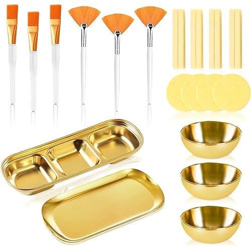 23 Pcs Esthetician Supplies 3 Stainless Steel Gold Mixing Bowls Gold Small Serving Tray 3 Compartment Serving Tray 3 Facial Fan Brushes 3 Face Mask Applicator Brush 12 Facial Sponge Compressed Round