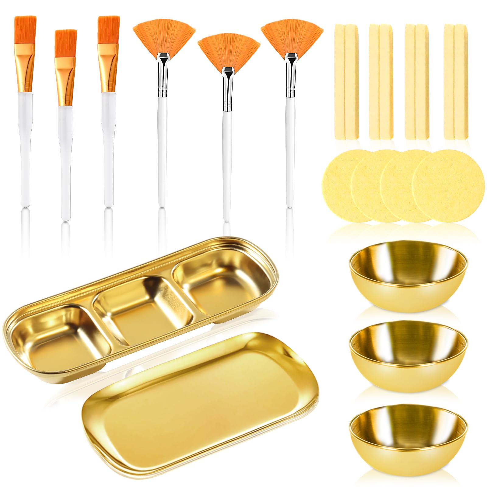 23 Pcs Esthetician Supplies 3 Stainless Steel Gold Mixing Bowls 12 Facial Sponge Compressed Round 3 Compartment Serving Tray Gold Small Serving Tray 3 Face Mask Applicator Brush 3 Facial Fan Brushes