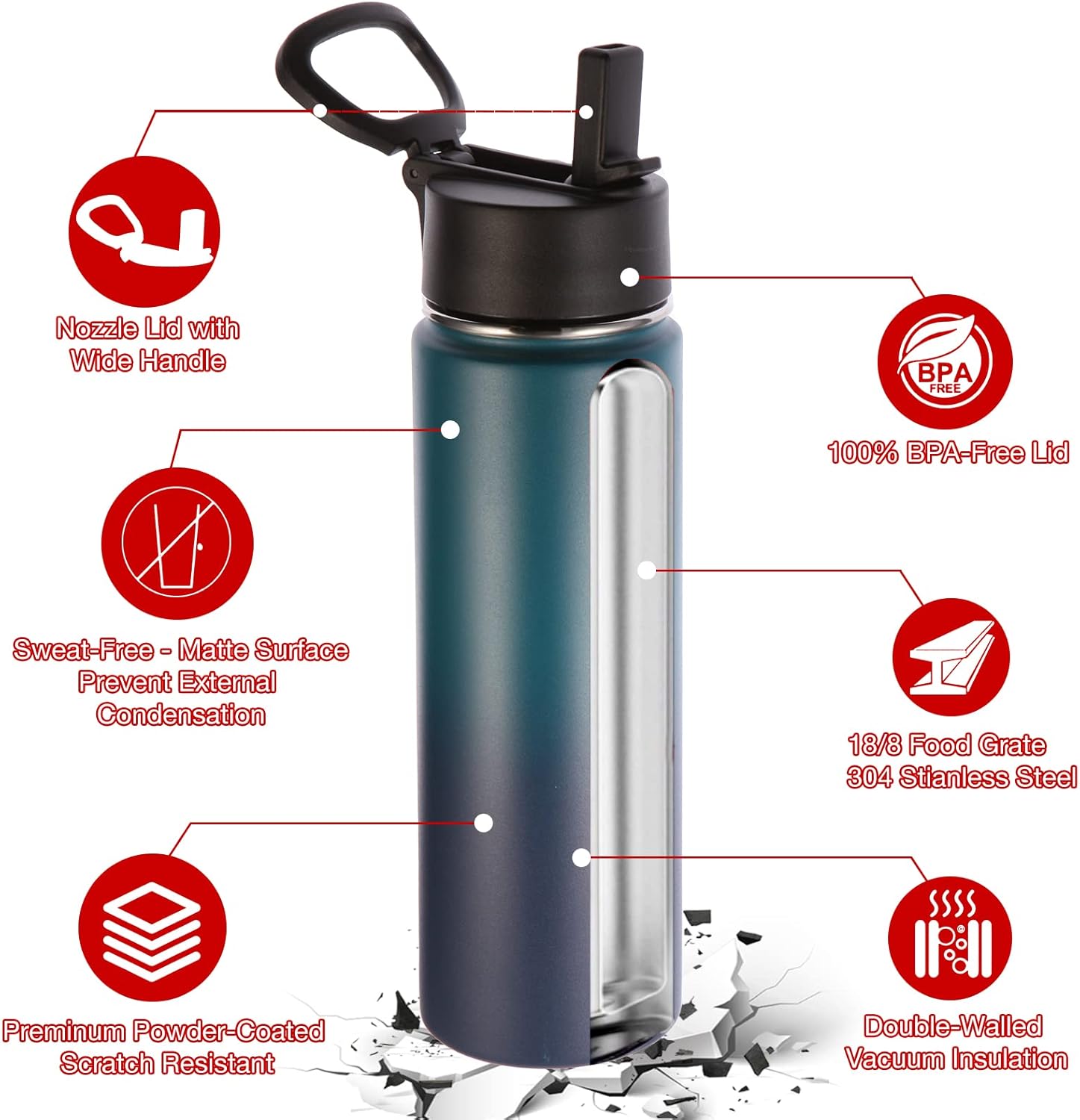 Volhoply Insulated Water Bottles with Straw Bulk 2 Pack, 22 oz Stainless Steel Sports Bottle, Double Walled Vacuum Metal Travel Water Cups, Reusable Water Flask for School Hiking(Dark Night,2 Set) - Image 5