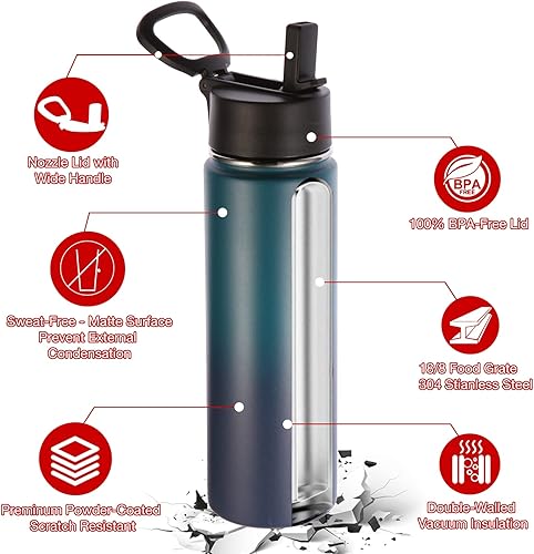 Miniatura 5 de Volhoply Botellas de agua aisladas de 22 onzas con tapa con pajilla, botella deportiva de acero inoxidable con asa, termo de agua de viaje de metal