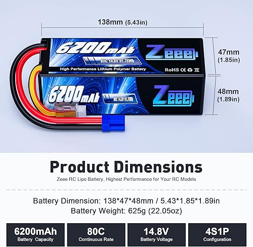 Miniatura 2 de Zeee 4S Lipo Battery 6200mAh 14.8V 80C Estuche rígido Batería EC5 Conector 2 baterías con 1 bolsa de seguridad Lipo Bolsa ignífuga a prueba de