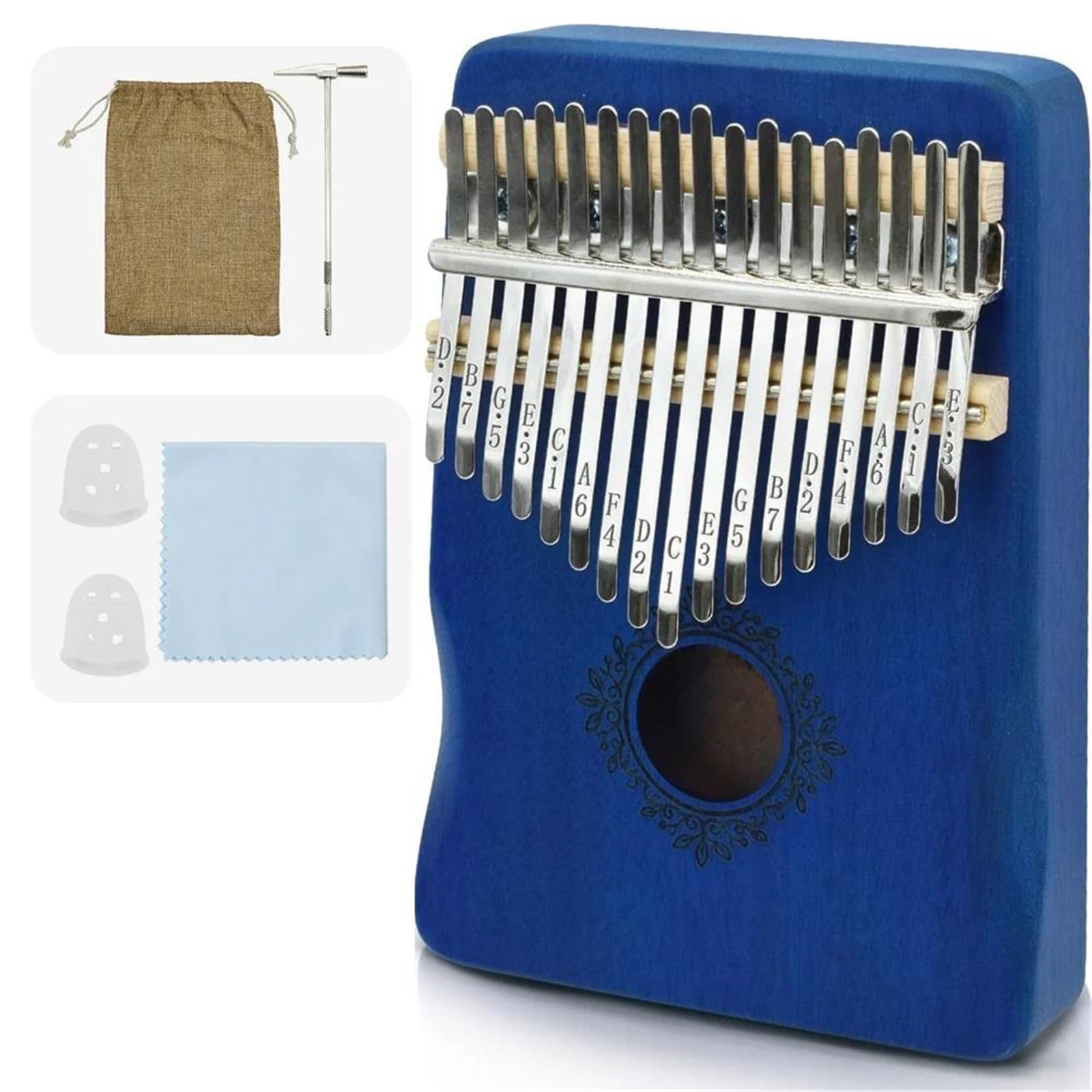 Kalimba Kalimba Kciukowa Drewniany Instrument Fortepianowy 17 Klawiszy Kombinacja Palców Przenośny Dla Miłośników Muzyki(Flower Blue)
