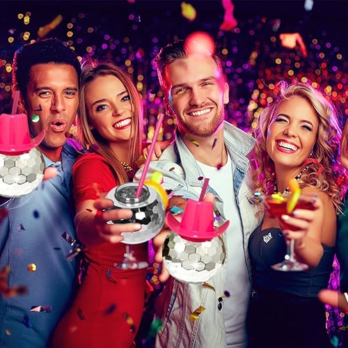Miniatura 7 de Huaerle 6 tazas rosadas de bola de discoteca  Tazas de bola de vaquera disco con pajilla, suministros para fiestas del oeste, tazas de sombrero de