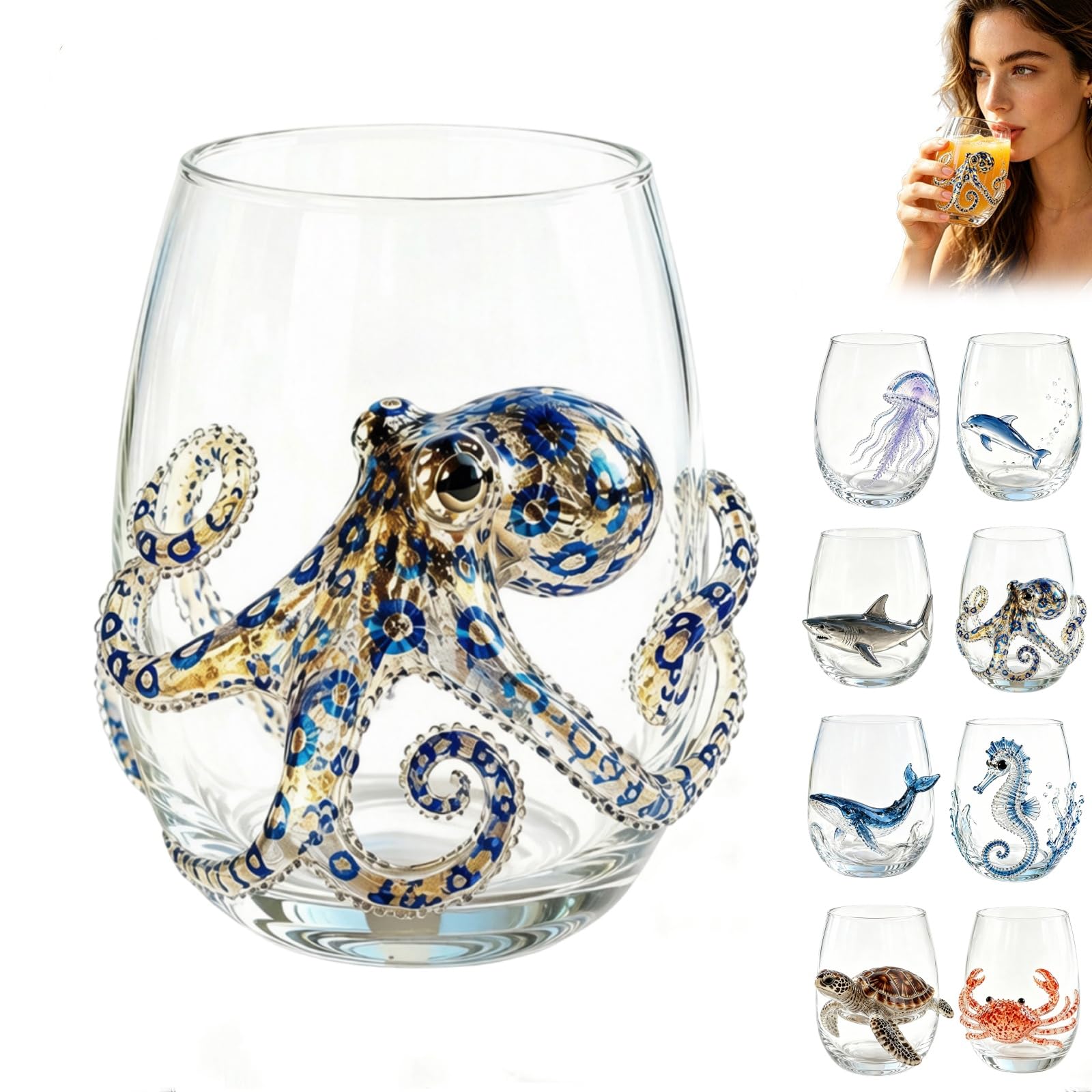Artisanal Blue Ringed Octopus Glassware, Unique Ocean Octopus Stemless Wine Glasses, Handmade Marine Animals Drinking Glass, Coastal Home Bar Decor Gift for Ocean Lovers (#A)