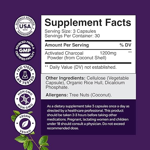 Miniatura 9 de Natures Craft Píldoras de carbón activado desintoxicación y limpieza - Cápsulas purificadoras de coco con 1200 mg por porción para aliviar