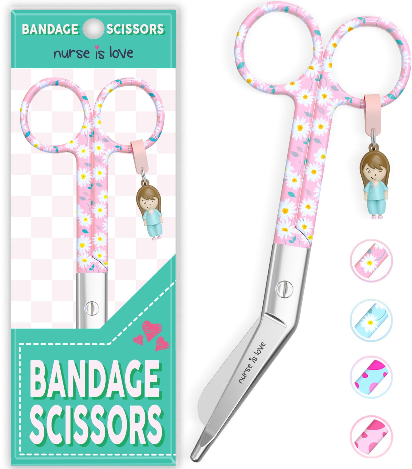 Nurse is Love Forbici Infermiere | Forbici Infermiera per Bendaggio | Forbici infermiera Curve, Punta Arrotondata. Rafforza Il Tuo Kit Pronto Soccorso, Infermiere Accessori. Colore Margherite rosa