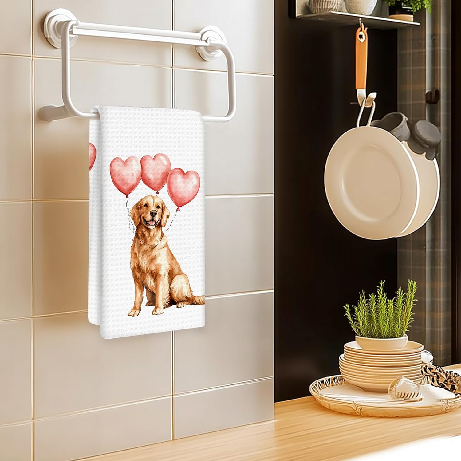 Golden Retriever Gifts Dog Kitchen Towels, Valentines Gifts for Golden Retriever Dog Lovers Hand Towels, Balloon GoldenRetriever Dish Towel Tea Towel for Kitchen, Dogs Bathroom Decor, 16x24In - Image 2