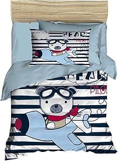 100% Cotton Baby Bedding, Pilot Bear Themed Duvet Cover Set, Crib Bedding for Baby Boys, Blue