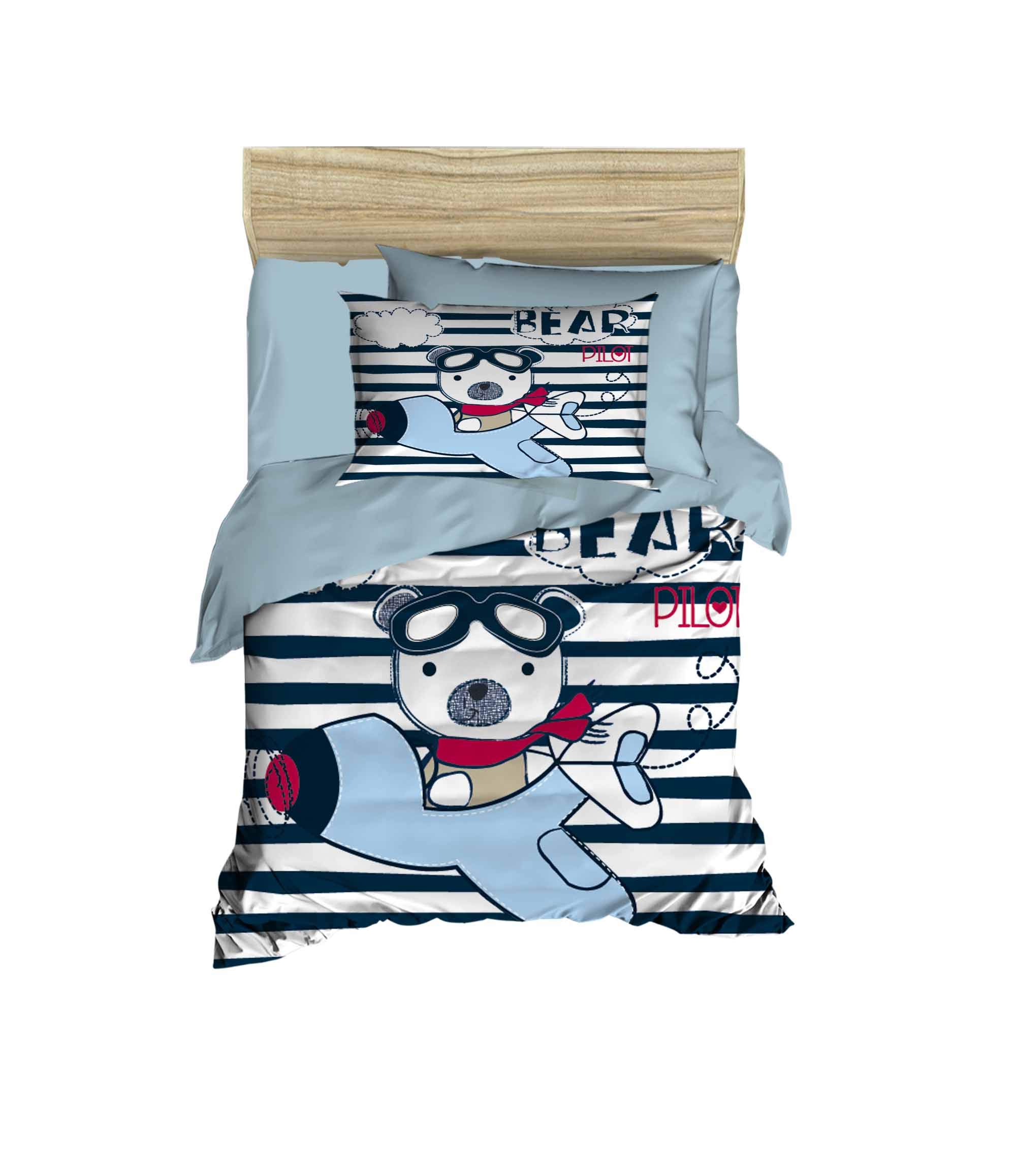 paradise RANFORCE 100% Cotton Baby Bedding, Pilot Bear Themed Duvet Cover Set, Crib Bedding for Baby Boys, Blue