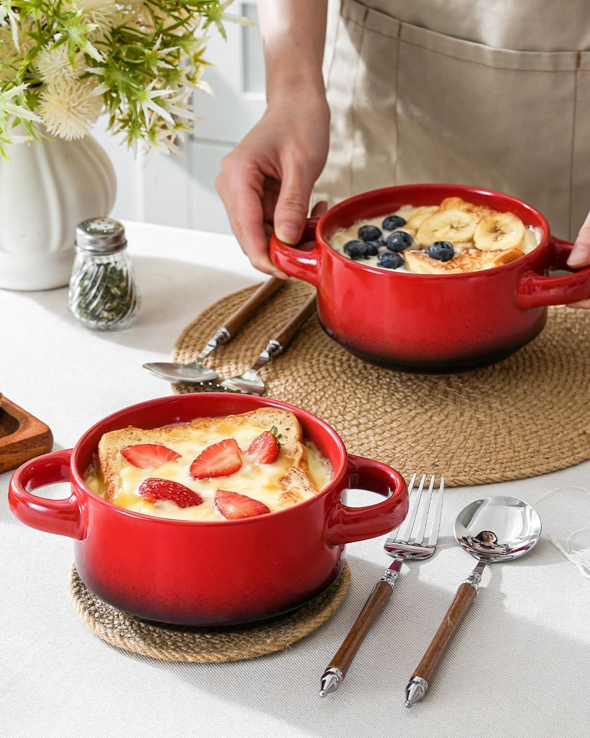 French Onion Soup Bowls with Handles, Oven & Microwave Safe, Set of 4 28 Oz Porcelain Soup Bowls for Chili, Stew, Pasta, Pot Pies – Stackable, Dishwasher Safe, Durable Ceramic Dinnerware