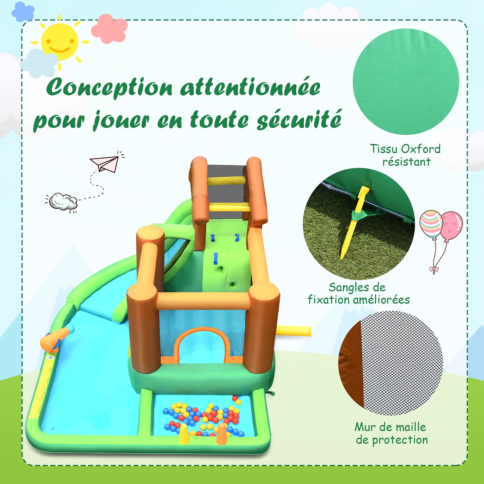 COSTWAY Château Gonflable avec Toboggan & Souffleur & 60 Balles