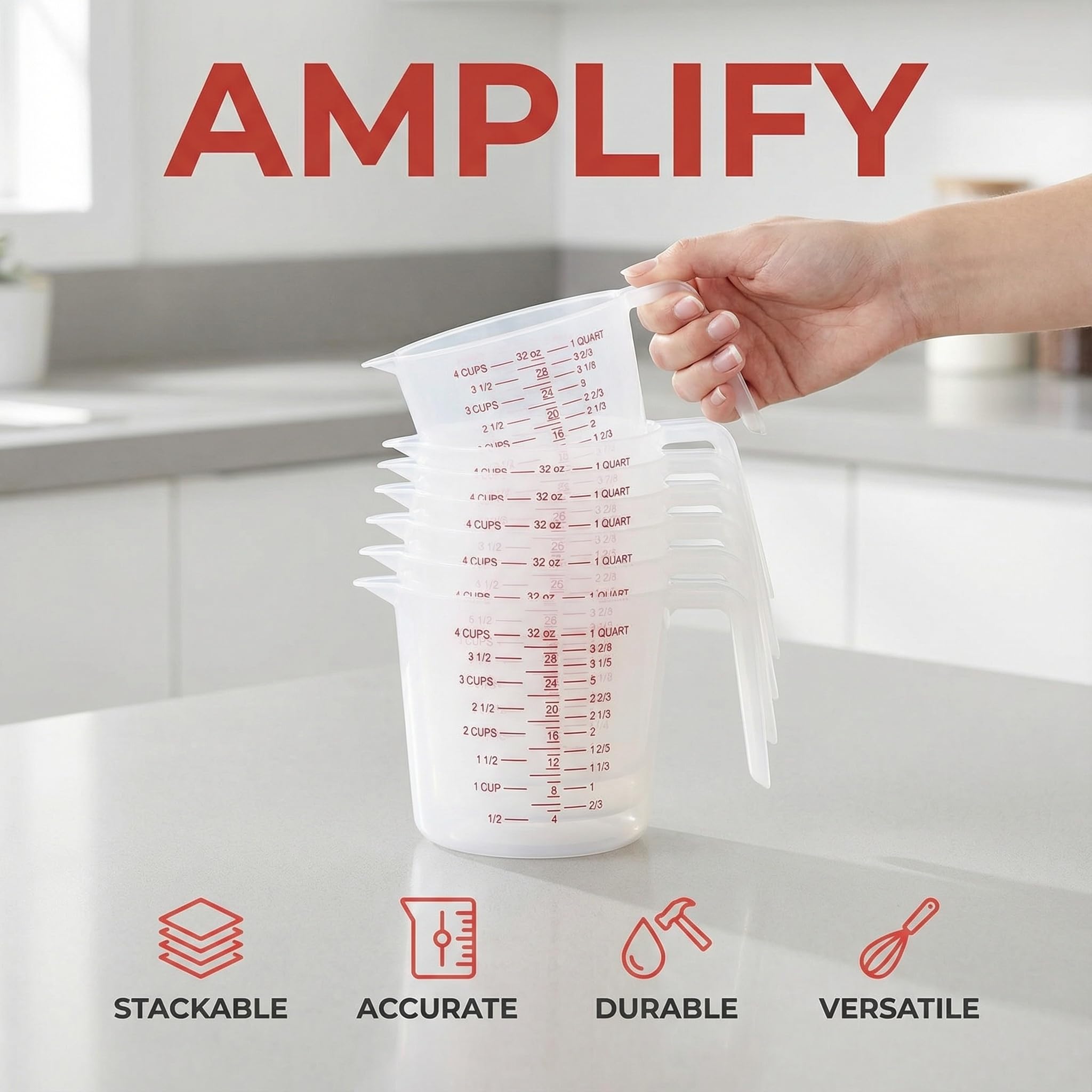 8 tazas medidoras de plástico con capacidad para 4 tazas, 32 onzas/1000 ml, tazas medidoras graduadas transparentes con boquilla y asas, marca de taza de onzas y ml para ingredientes de recetas,
