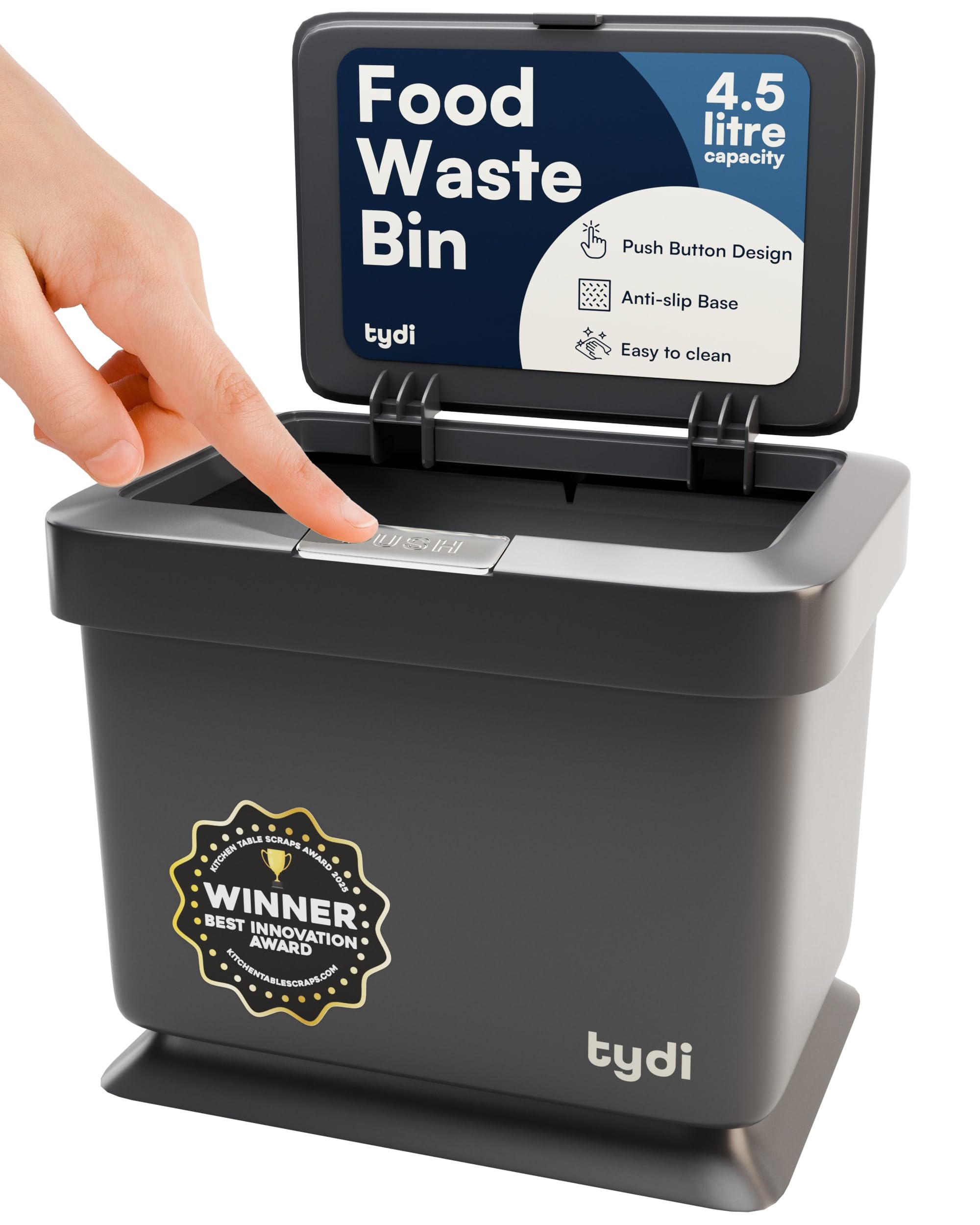 Tydi 4.5L Food Waste Bin with Press-Button Lid – Compost Bins for Kitchen - Anti-Slip Base and Secure Lid Kitchen Compost – Small Indoor Caddy for Cupboard or Countertop – Dark Grey