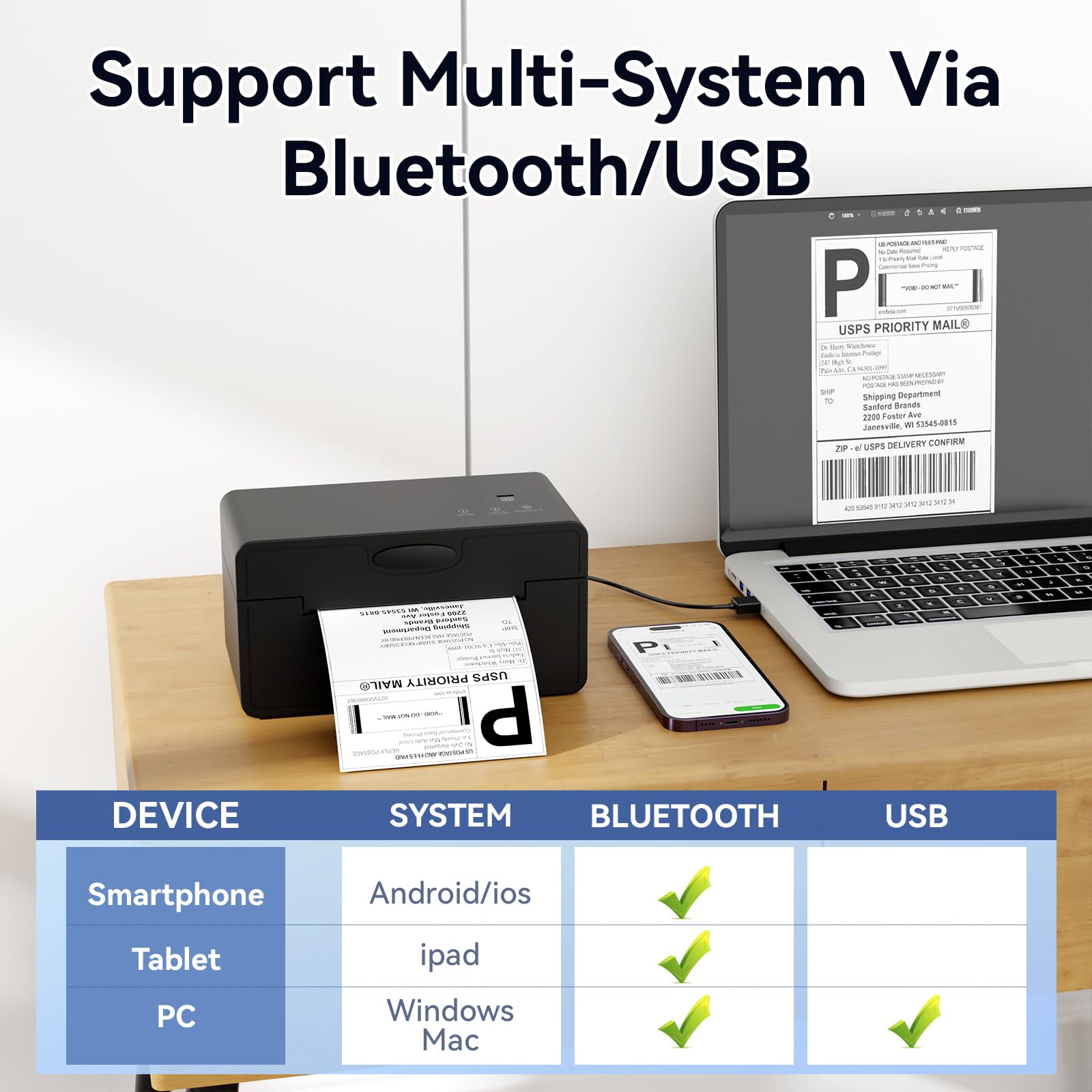 PeriPage Imprimante d'étiquettes d'expédition thermique Bluetooth, imprimante d'étiquettes d'expédition sans fil 4 x 6 pour l'expédition de colis, compatible avec iPhone, iPad, Android, Windows
