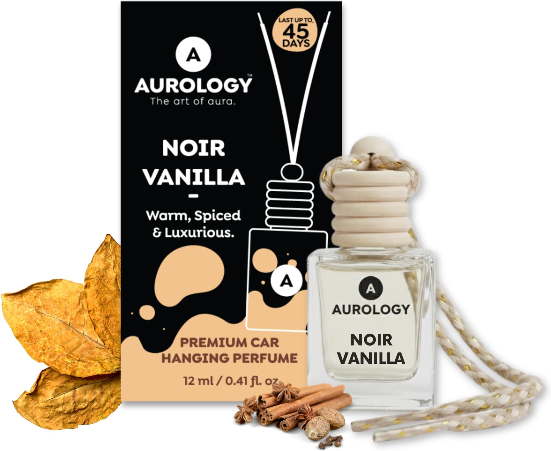 Noir Vanilla Car Perfume Hanging Diffuser (12ml) | Warm Dark Vanilla Car Air Freshener | Long-Lasting Luxury Glass Bottle with Wooden Cap