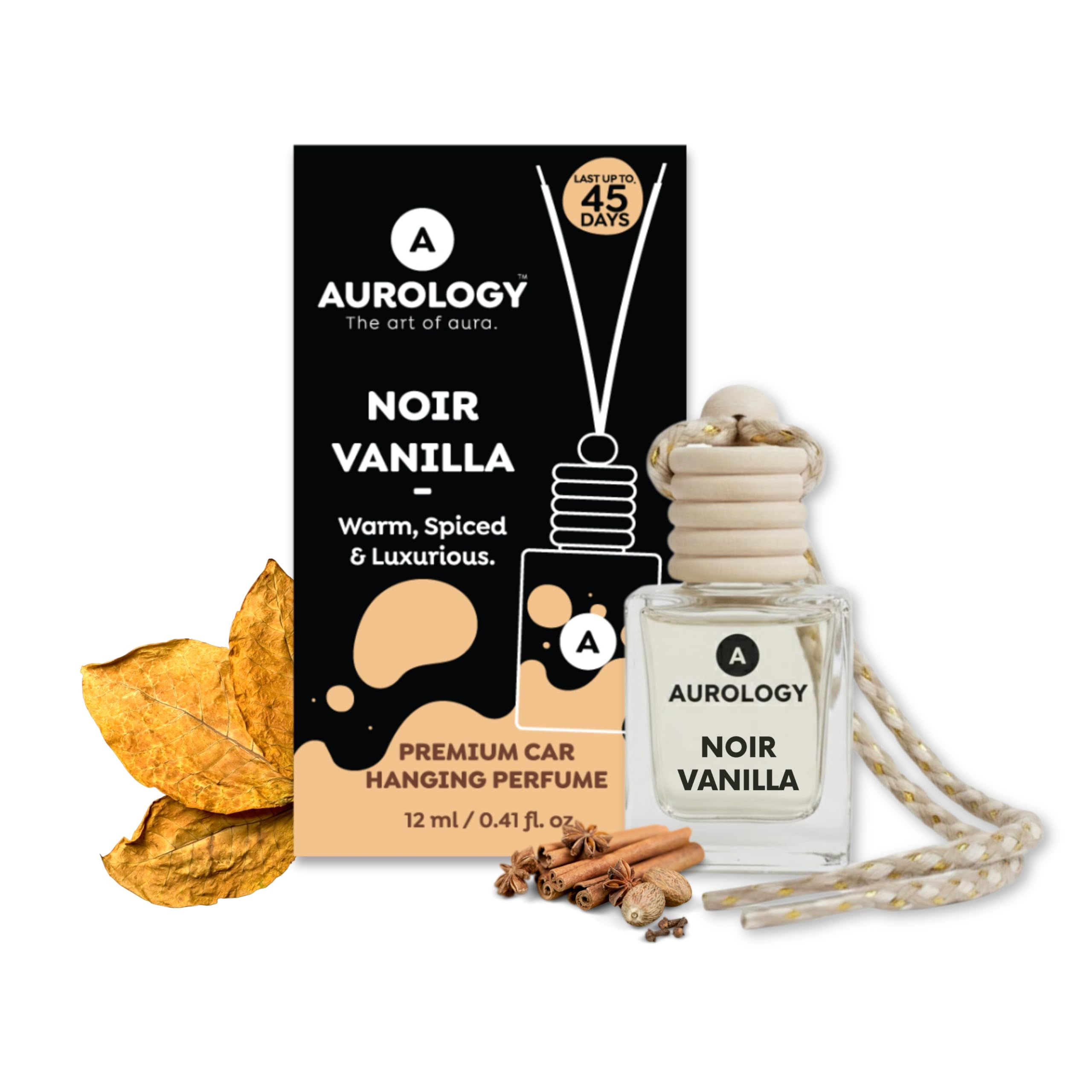Noir Vanilla Car Perfume Hanging Diffuser (12ml) | Warm Dark Vanilla Car Air Freshener | Long-Lasting Luxury Glass Bottle with Wooden Cap