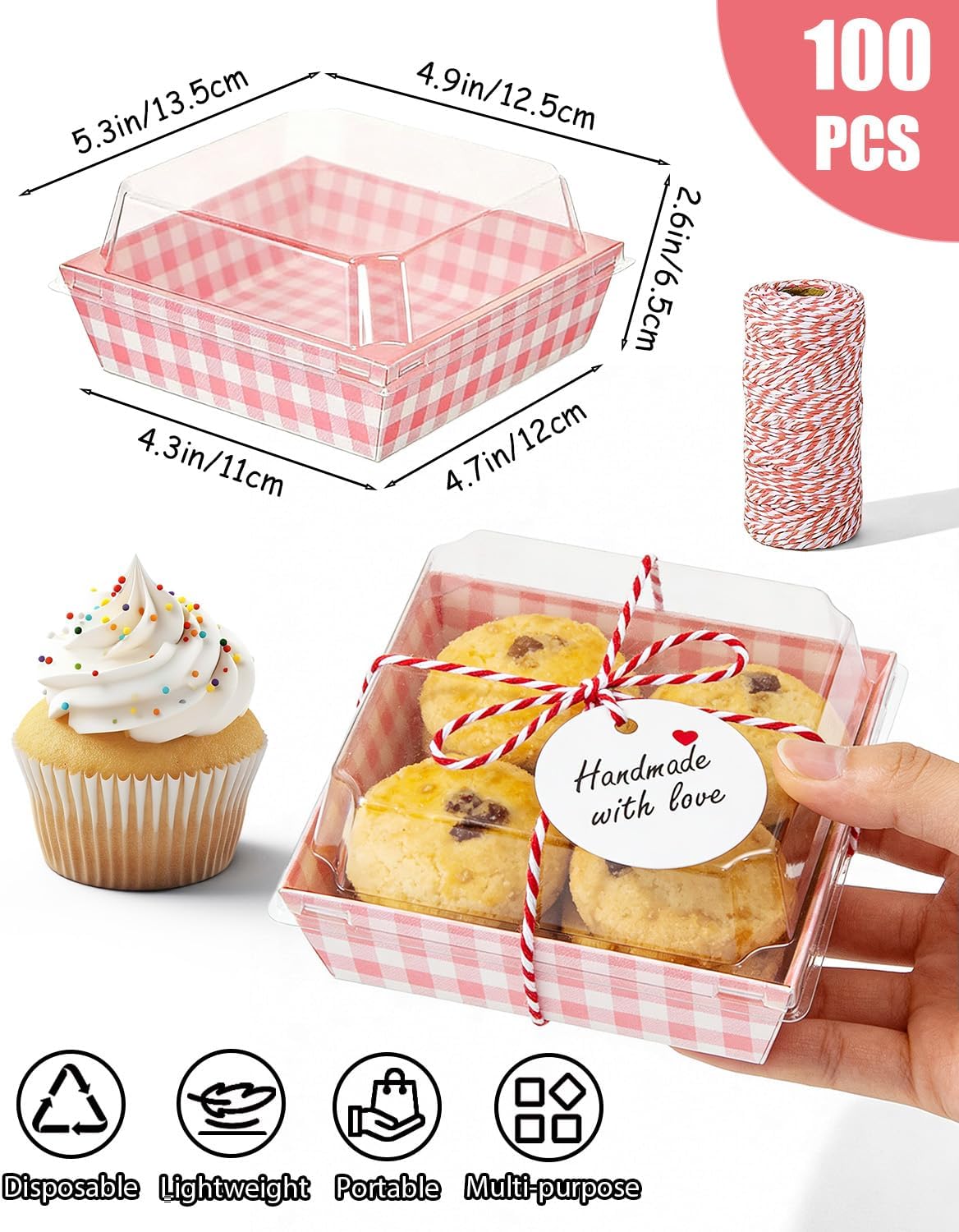 Charcuterie Boxes With Clear Lids, 100 Pack Disposable Paper Food Containers, Bakery Take Out Boxes For Cake, Sandwich, Strawberry, Dessert Box With Gift Tags & Rope (Pink)