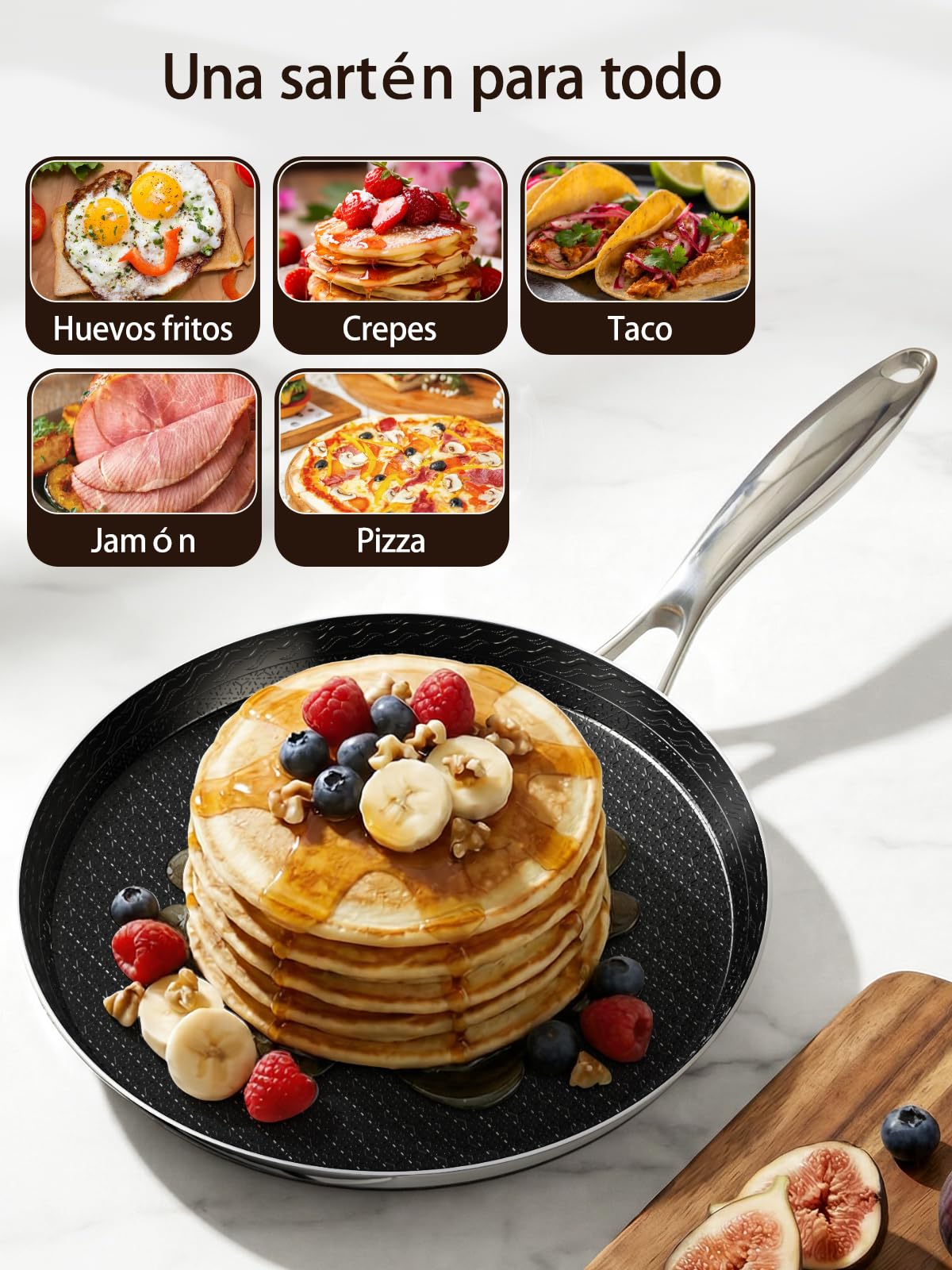 Innerwell Sartén para Crepes de 26 cm de Acero Inoxidable, Antiadherente | Mango de Acero Inoxidable, Apta para Todo Tipo de Cocinas, Incluida la Inducción, Apta para Lavavajillas y Horno, sin PFOA