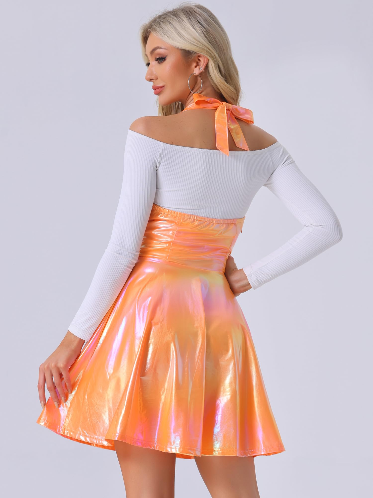 Allegra K Jupes métalliques pour femmes holographiques scintillantes taille haute gothique jarretelles