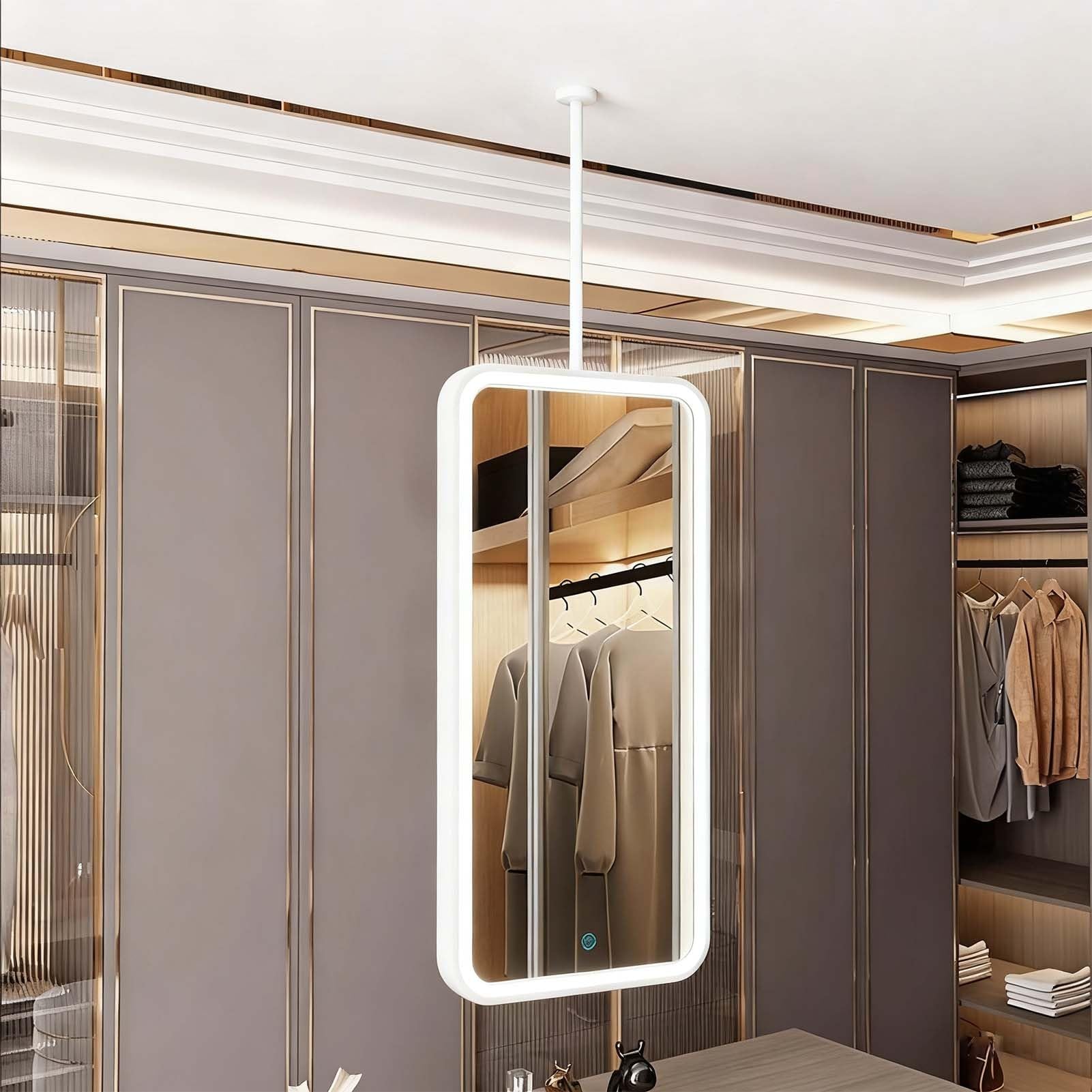FGXHHS Ceiling Hanging Mirror LED Makeup Shaving Mirrors for Modern Decor, Rectangular Suspended Entryway, Bedroom, Bathroom, Dresser, White(40cmx60cm)