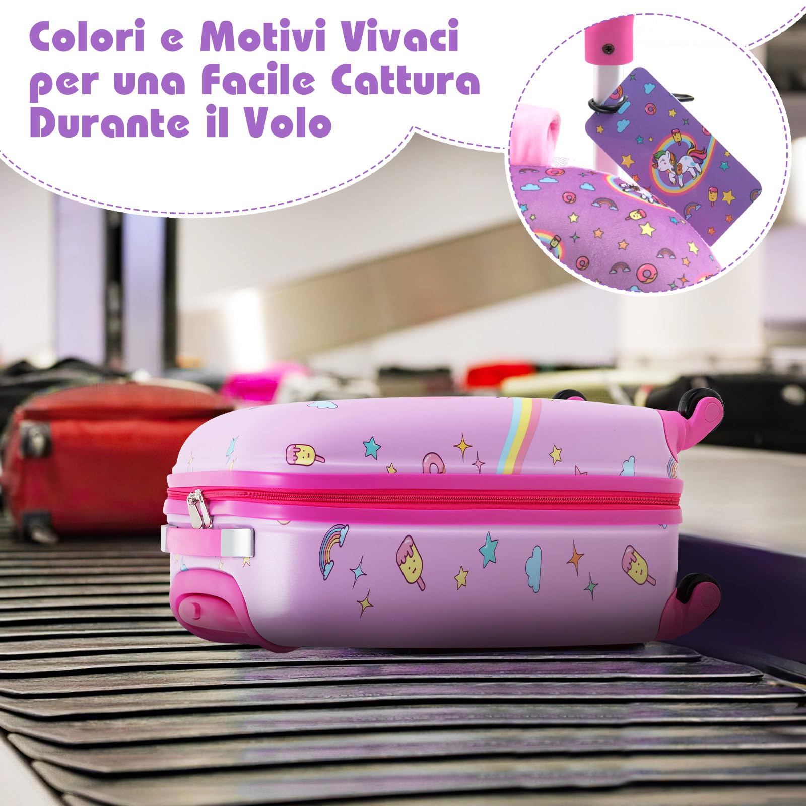 COSTWAY 5 Pezzi Valigia per Bambini, Valigia con ManicoTelescopico da 16" con 13" Zainetto, Cuscino per Il Collo, Etichetta per Bagaglio, Borsa per Il Pranzo, con Ruote Girevoli a 360 ° (Modello 1)