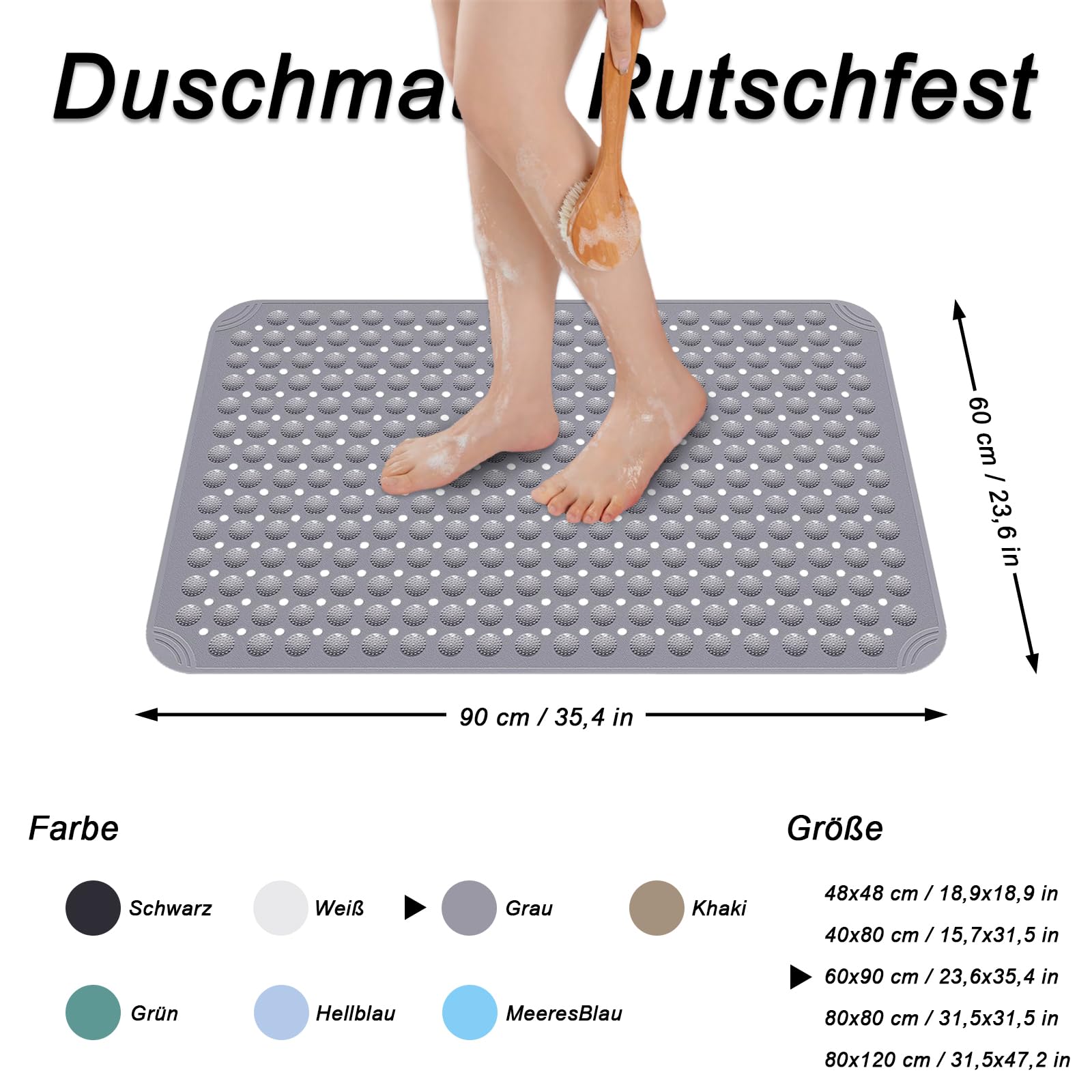 Tappetino Doccia, 60 x 90 cm Tappeto Doccia Quadrato Lavabile in Lavatrice con Ventosa, Tappeto Doccia in PVC Antiscivolo, Tappeto Massaggiante Antiscivolo per Doccia, incl. 2 Ganci, Grigio