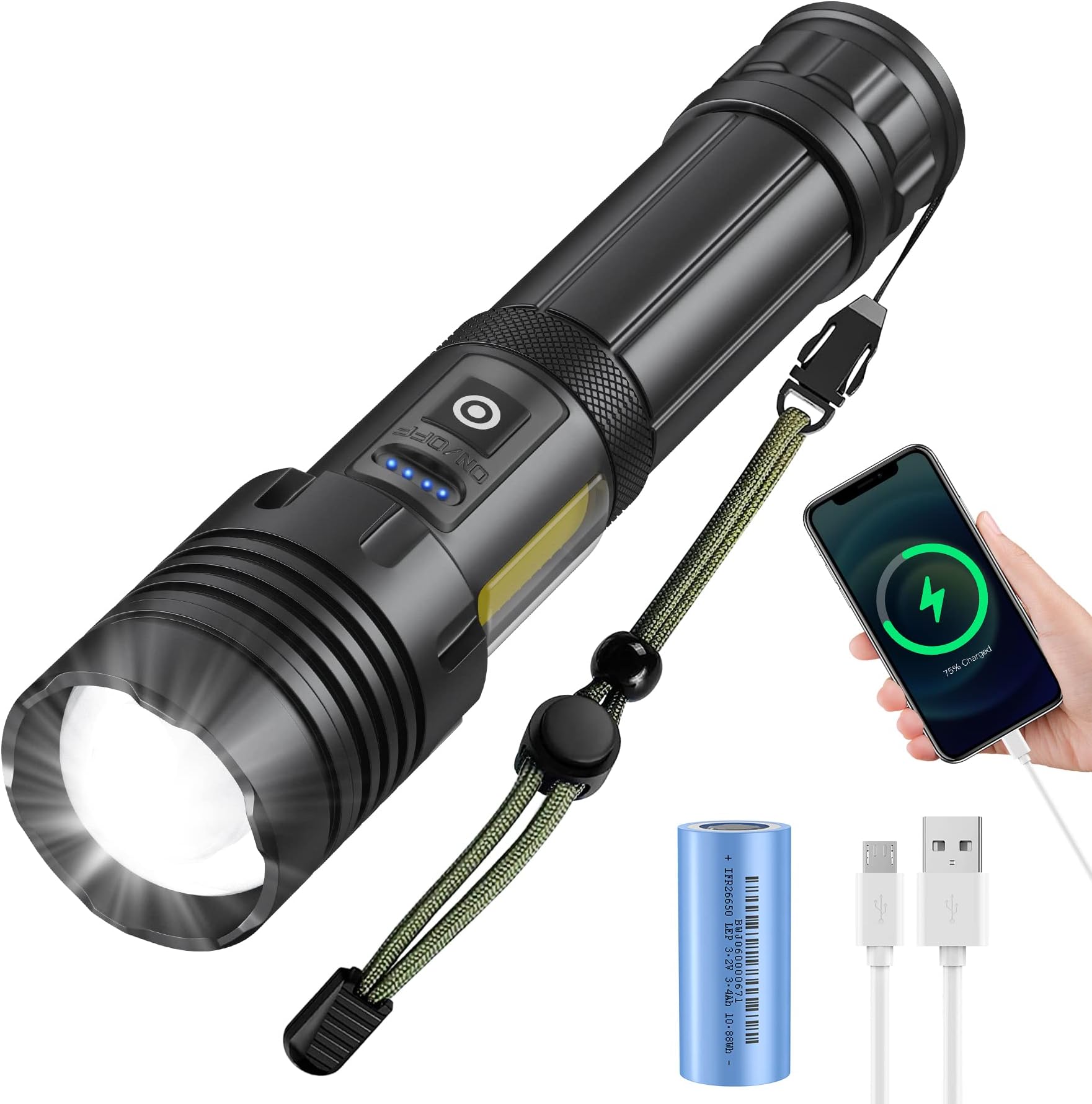 ELEPHANTBOATยฎ 3000 Lumens Torch Lights Rechargeable High Power, Long Distance Torch, Super Bright XHP70 Powerful Led Tactical Flashlight, Brightest High Powered Flash Light, Handheld Flashlight