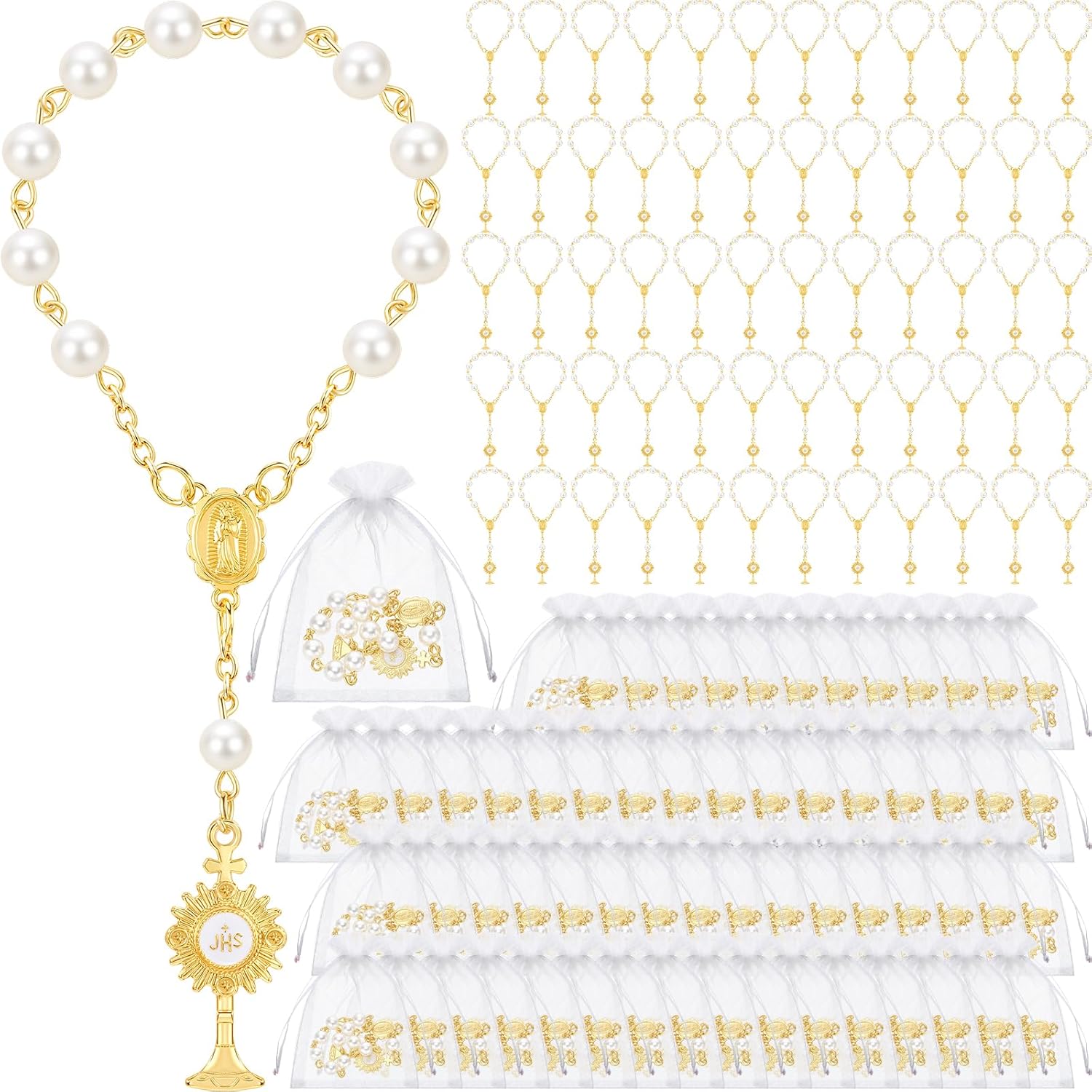 Quelay 60 Sets First Communion Gifts Mini Rosaries, First Holy Communion Favors Finger Rosary Beads with Organza Bags for Baptism Christening Confirmation Religious Gifts Party Supplies (Silver)