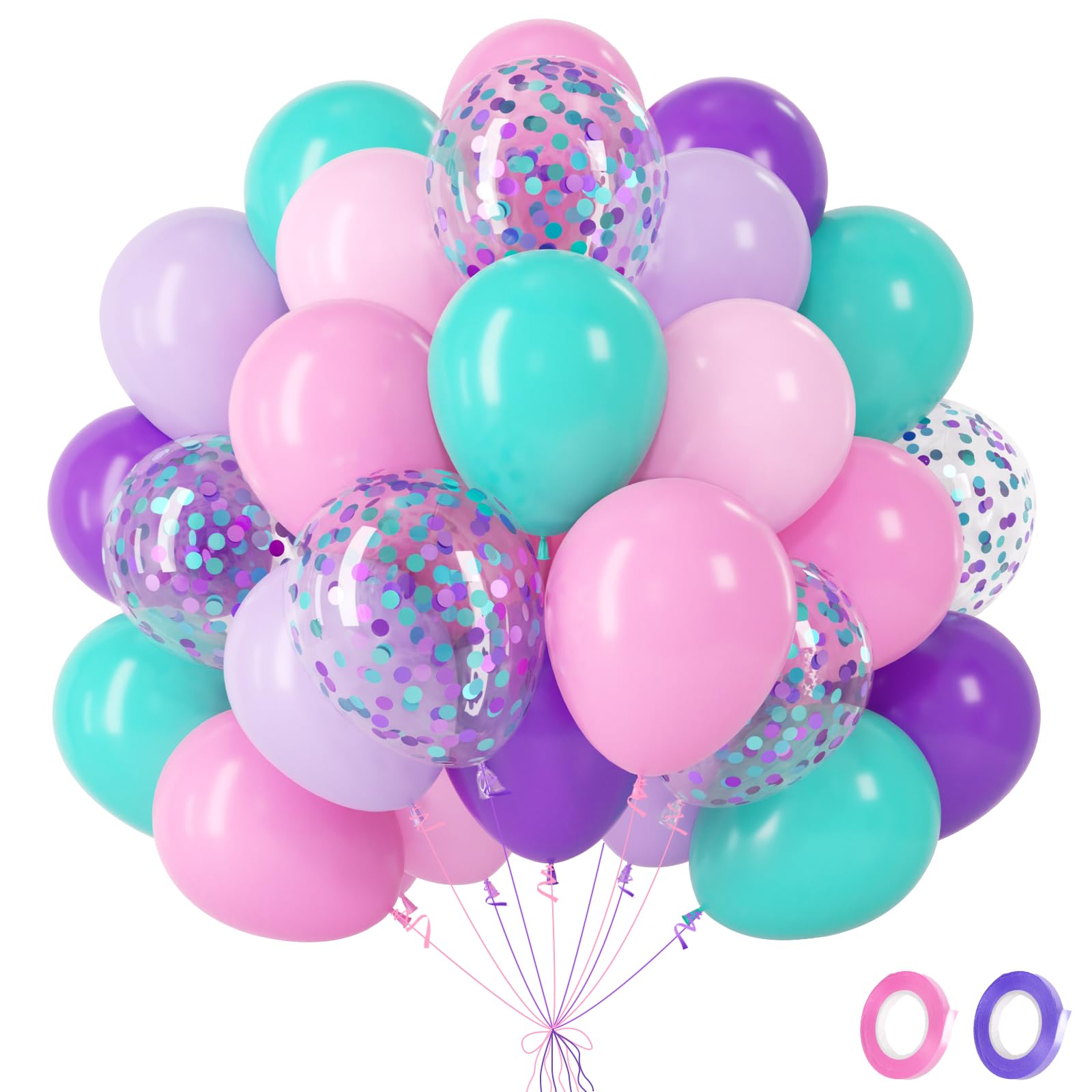 Purple Pink Balloons, 60Pcs Pink and Blue Balloons with Blue Purple Confetti Ballons, Mermaid Ballons for Girls Princess Birthday Baby Shower Bridal Shower Anniversary Engagement Wedding, 12Inch