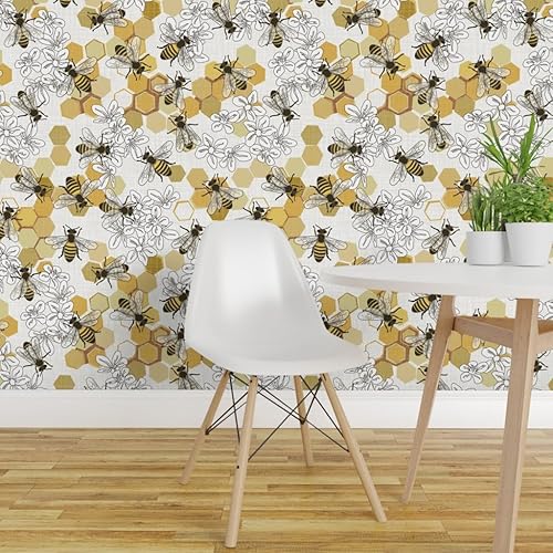 Vista 3 de Removable Wallpaper 12ft x 2ft - Honey Bees Endangered Species Animals Bee Flowers Honeycomb White Insects Custom Pre-Pasted Wallpaper by Spoonflower