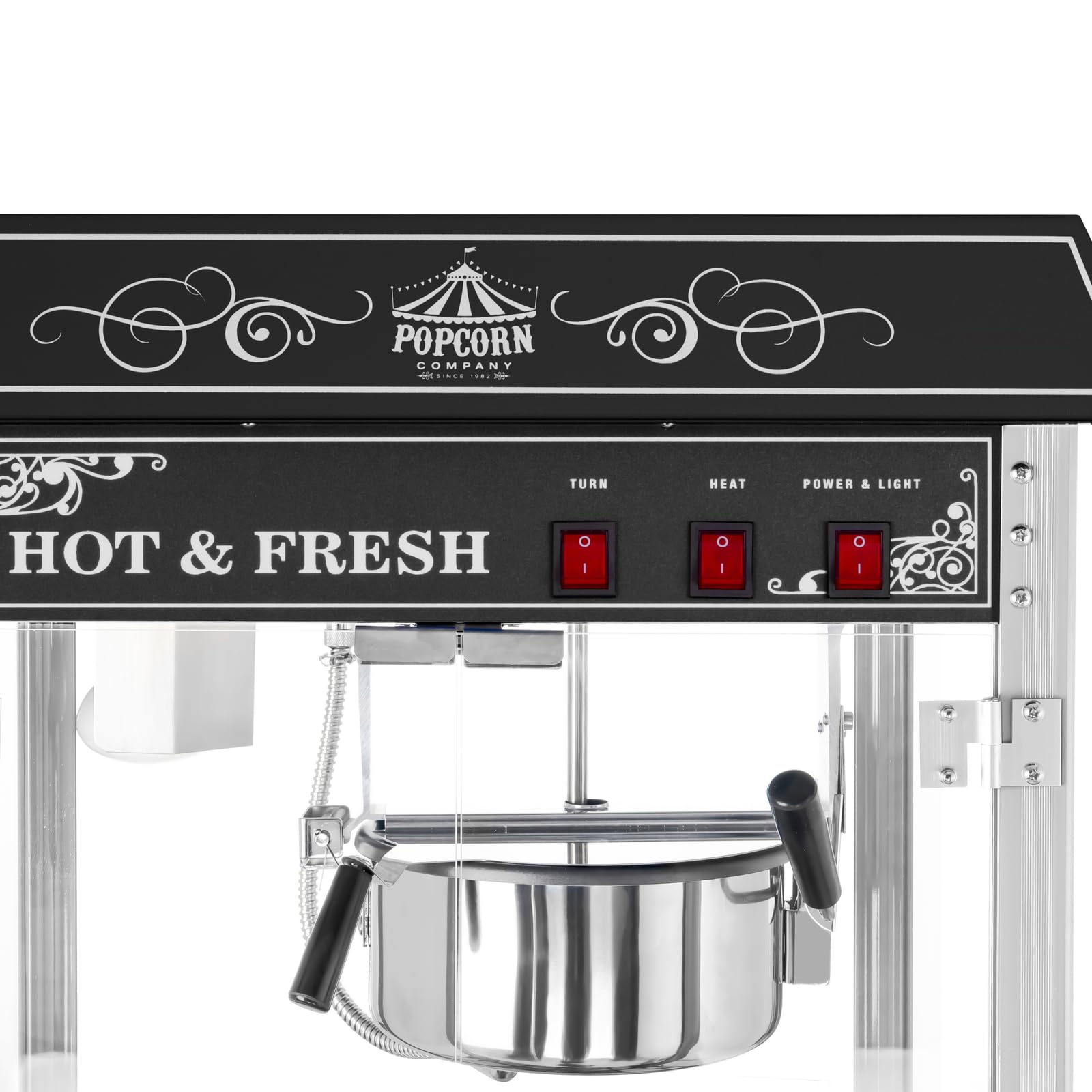 Royal Catering Maszyna do popcornu w stylu retro, czarna, 1600 W, 5 kg/h, podświetlane wnętrze, funkcja ogrzewania, wyjmowany garnek z powłoką teflonową, szuflada na okruchy, maszyna do popcornu