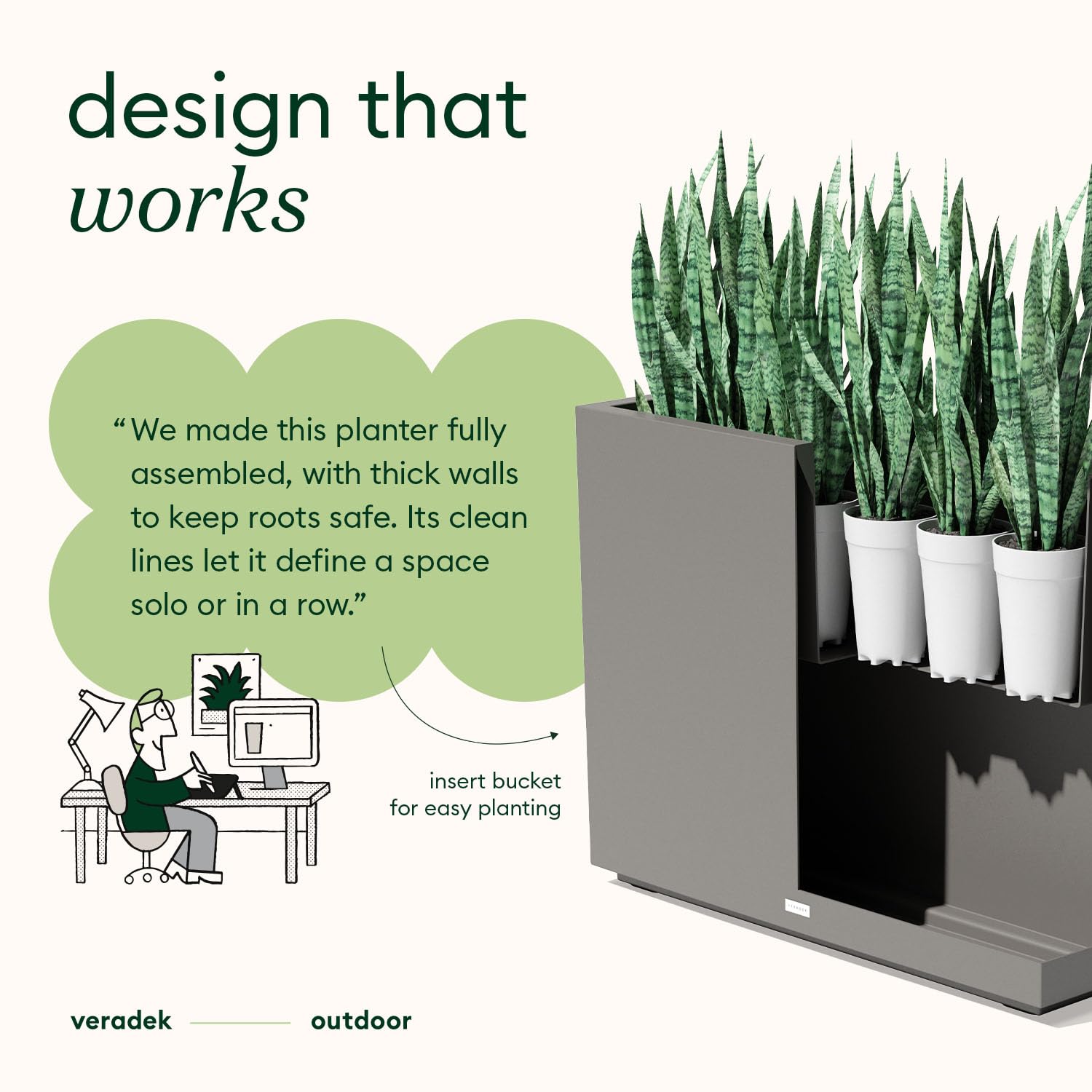 Veradek Block Series Span Plastic Planter - Tall Rectangular Planter for Indoor or Outdoor Patio/Porch | Durable All-Weather with Removable Insert Bucket | Modern Design for Plants, Flowers, Garden: Gray Short