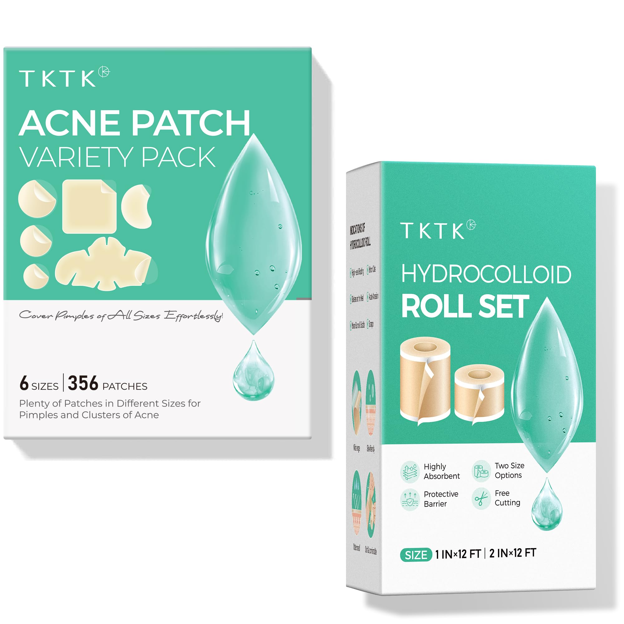 TKTK 6 Sizes Pimple Patches for Face 2-Size Hydrocolloid Roll for Wound Care Large Hydrocolloid Patches for Acne