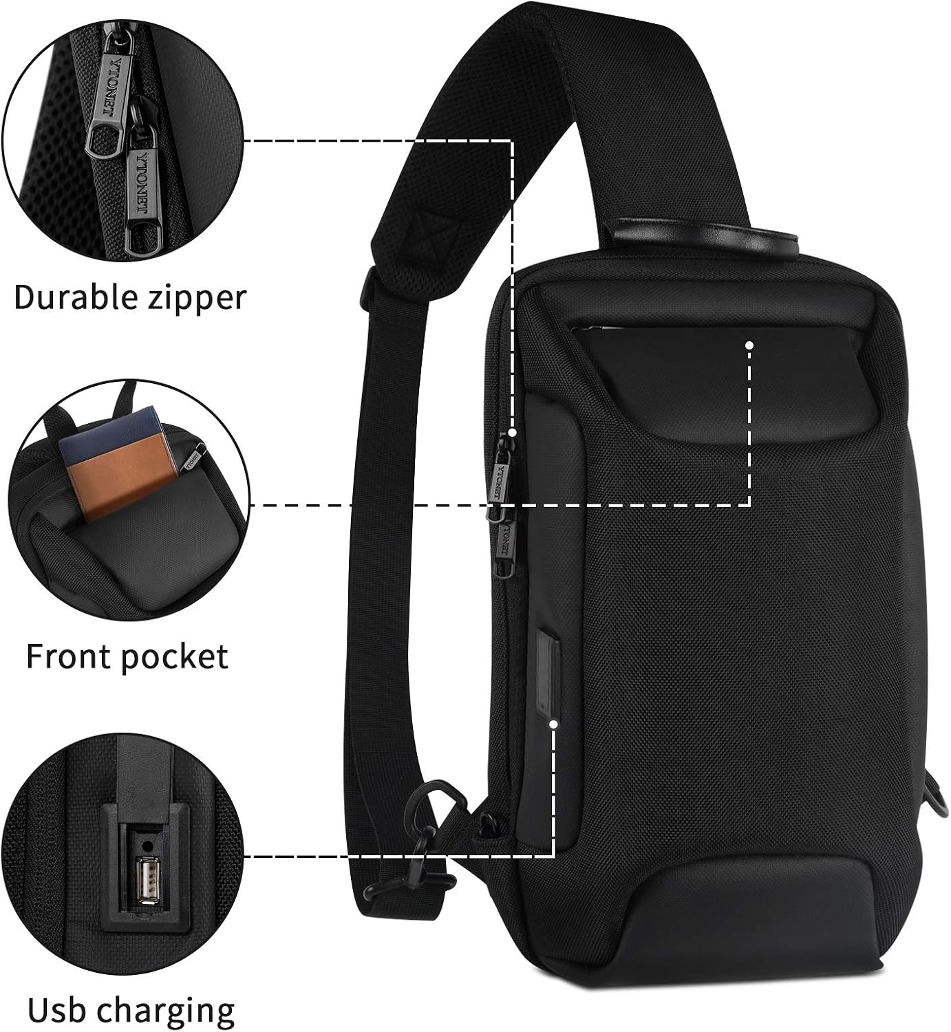 Ytonet Sling Bag for Men, Casual Daypack Backpack Waterproof Anti Theft Crossbody Shoulder Chest Bag with USB Charging Port for Travel Hiking Camping, Black