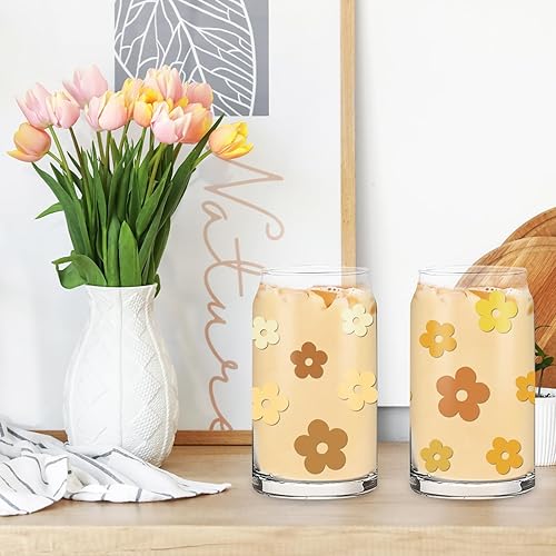 Miniatura 6 de Whaline 4 vasos de bebida con tapas y pajita, 16 onzas, diseño de margaritas bohemias, para café, café, con diseño de flores, hippie, retro, para