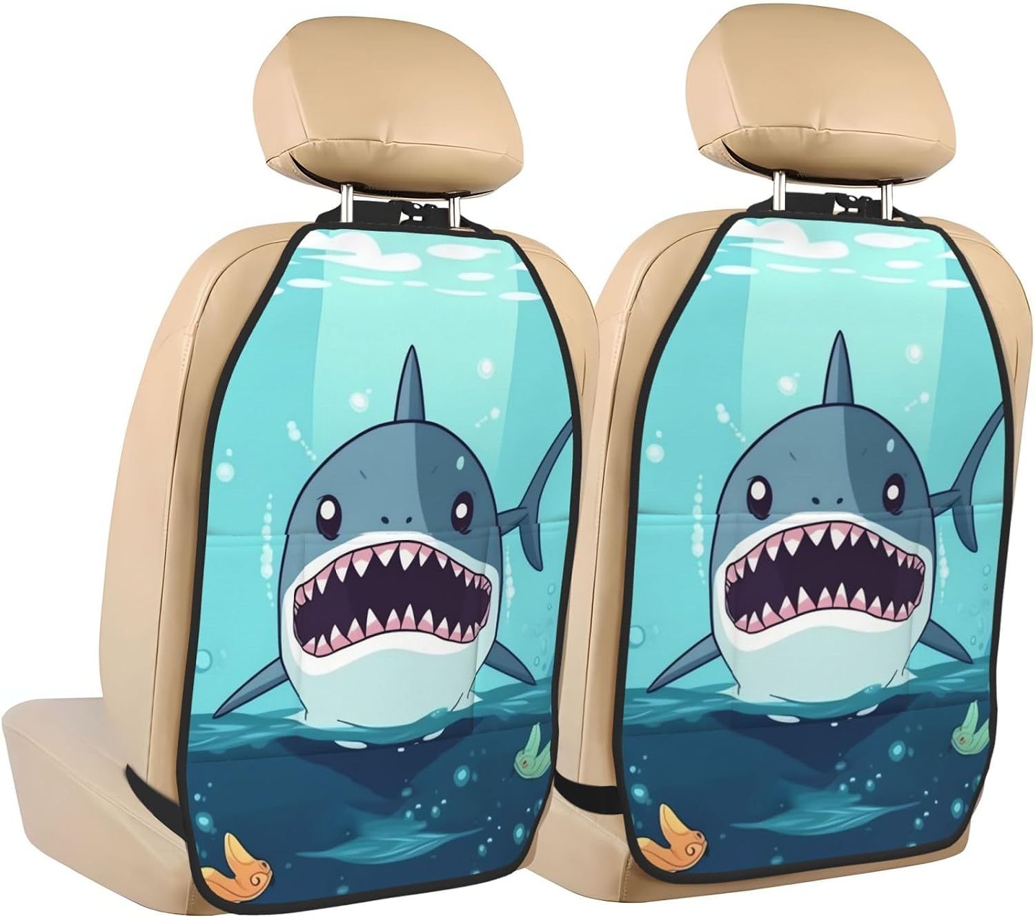 Cartoon shark floating in water Kick Mats with Organizer - 2 Pack Backseat Protector, Personalized Anti-kick Storage Mat for Car Seats, Heavy Duty Waterproof Backseat Car Organizer Decor Accessories