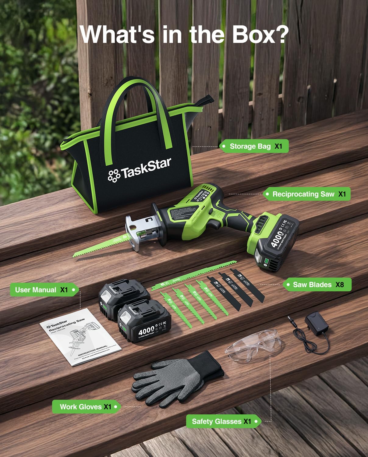 TaskStar Sierra Sable A Batería, Sierra Sable Inalámbricas con 2 baterías de 4,0 Ah, 0-3500SPM, 8 hojas de sierra de cambio rápido, luz LED, ideal para cortar