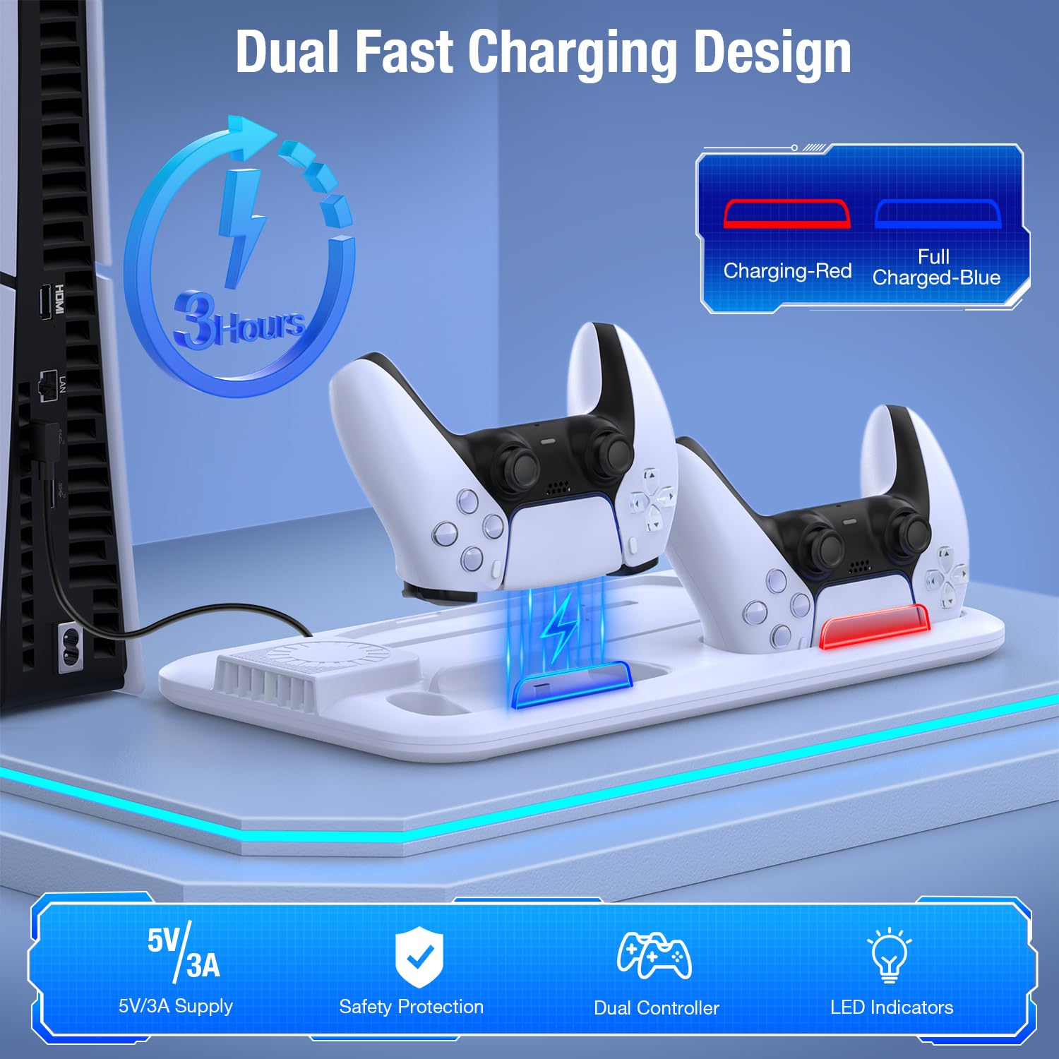 Station de refroidissement fine PS5 avec chargeur double contrôleur, ventilateur de refroidissement turbo à 3 vitesses, hub USB et crochet pour casque pour console Playstation 5 Slim Edition/Digital