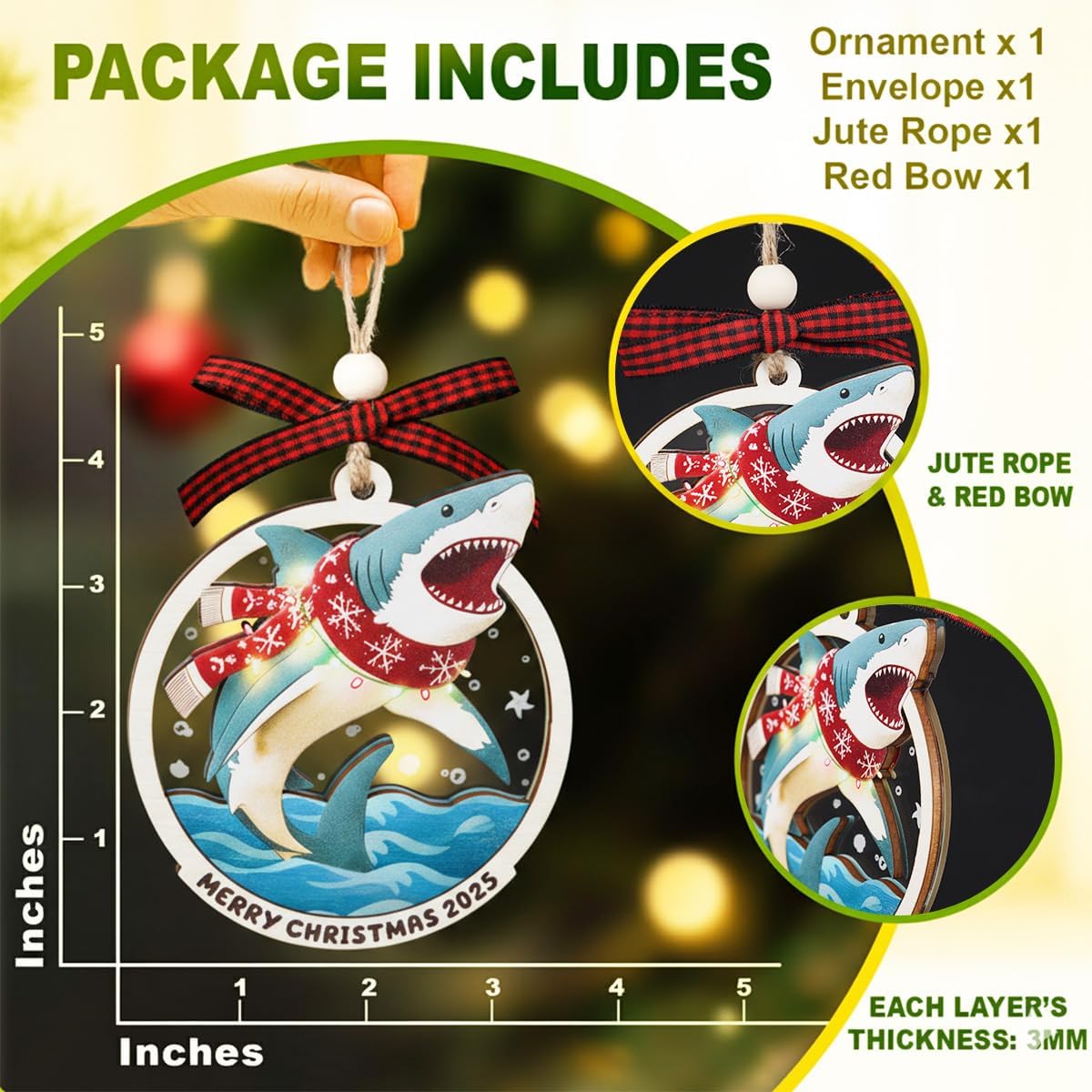 Shark Ornament - Funny Shark Ornaments for Christmas Tree - Sharks Lovers Gifts for Women, Men, Ocean Lover - Ocean Christmas Ornaments - 2 Layers Wood Acrylic Sea Animal Hanging Ornament 2025 - Image 3