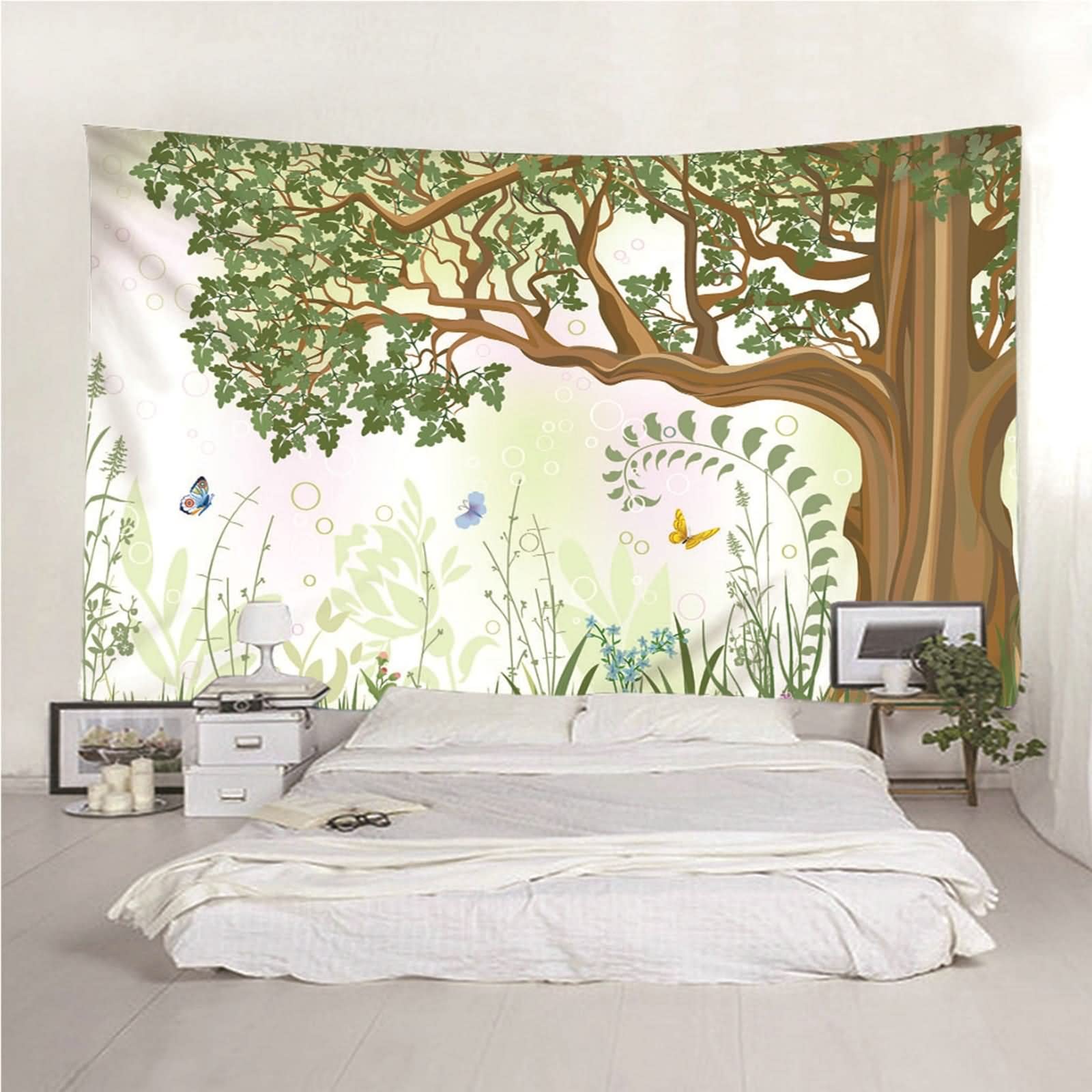 Tapiz Decorativo, Decoración Terraza Pared Árbol y Mariposa Poliéster Verde Marrón 300x260CM Regalo Mujer
