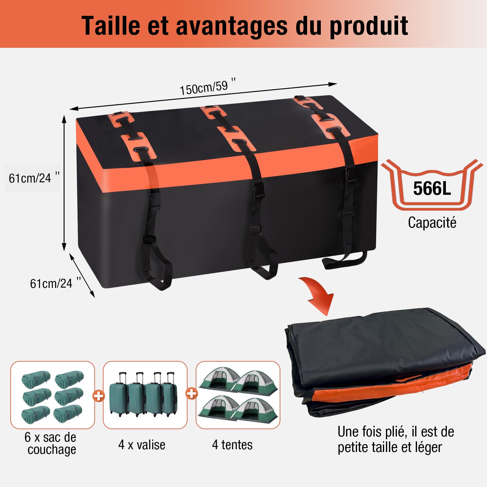 Coffre attelage Coffre de Toit de Voiture, Coffre arrière pour attelage de remorque, 566 l, revêtement 600D, en PVC, boîte à Bagages, étanche, indéchirable, Pliable