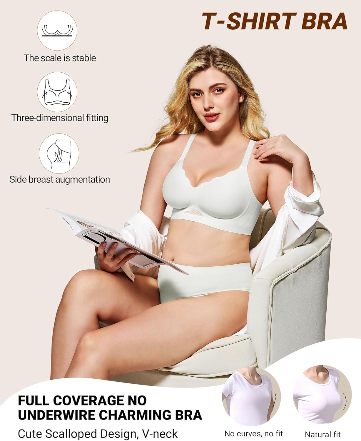 HORISUN Womens No Underwire Bras Supportive Scalloped V Neck Tshirt Bra Comfortable Wireless Seamless Push Up Bralette - Image 5