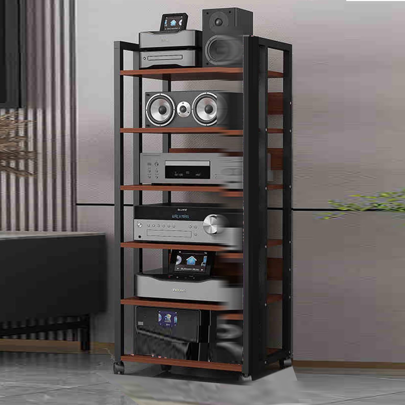 Grand espace de rangement hifi avec support vinyle et roulettes
