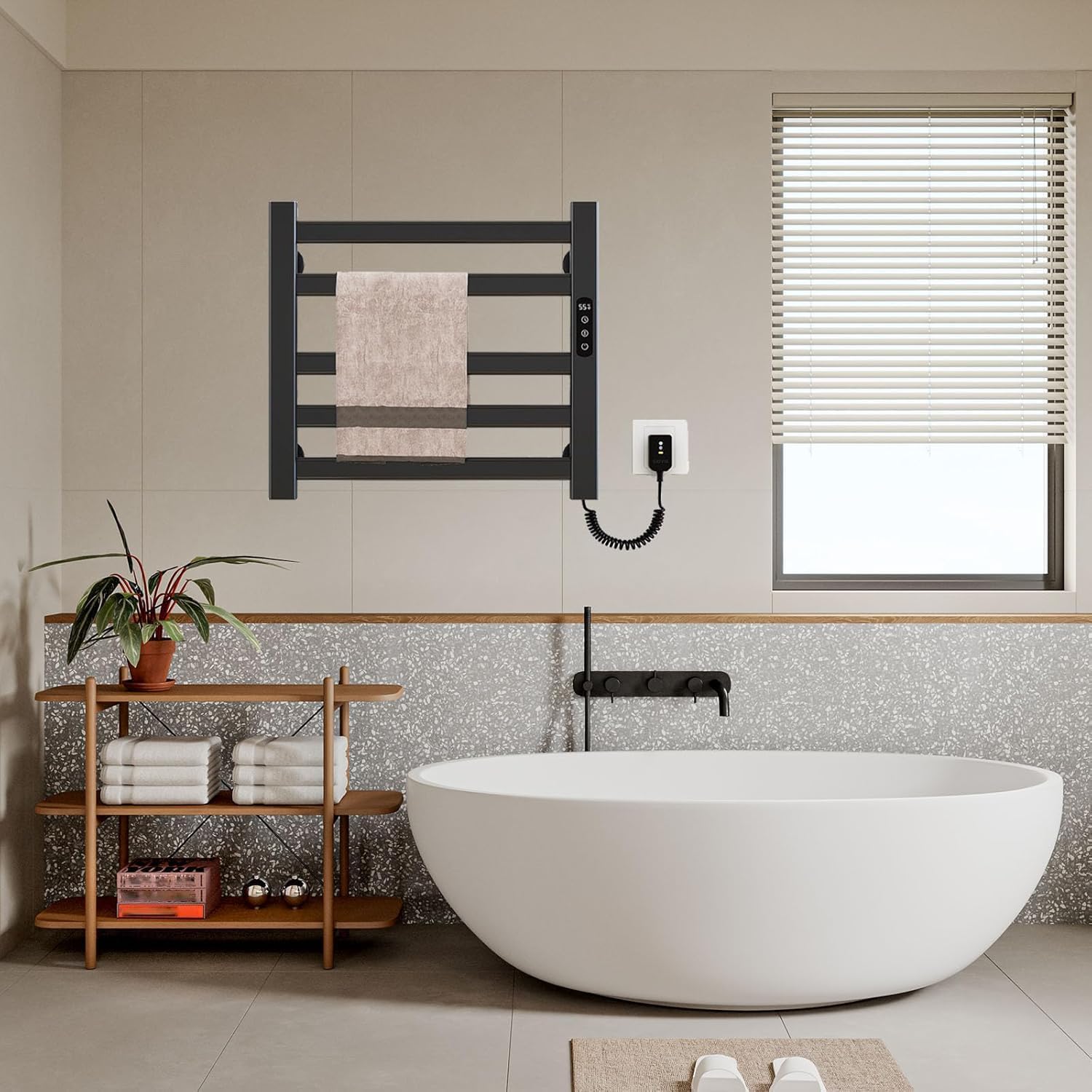 Wall Mounted Heated Towel Rack Waterproof IPX5 Adjustable 30-70℃ Temperature Control Timer Function Perfect for Home Bathroom Comfort and Luxury